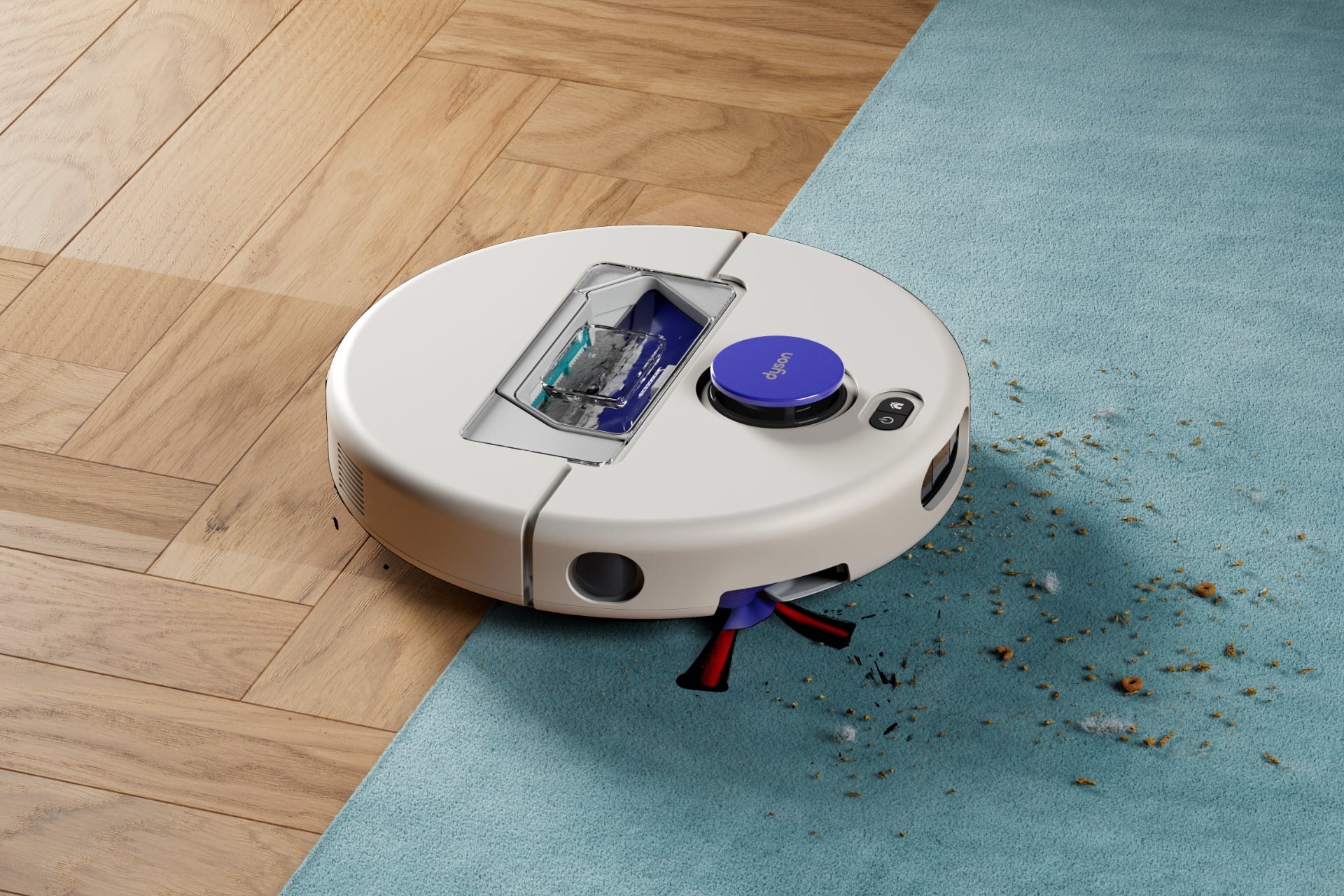 An image showing the Dyson R1 Nurovi Dry cruising towards debris on the ground. It's white, with rounded edges, a purple, circular sensor cluster on top, and a transparent panel that lets you see its dustbin.