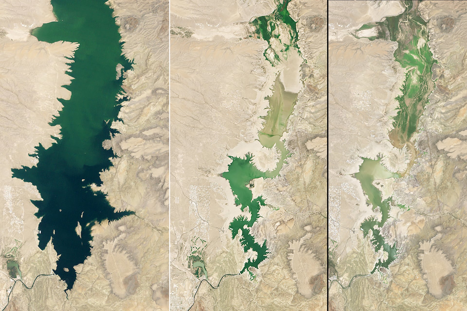 NASA images from its Landsat satellites show New Mexico’s Elephant Butte Reservoir back when it was nearly full on June.