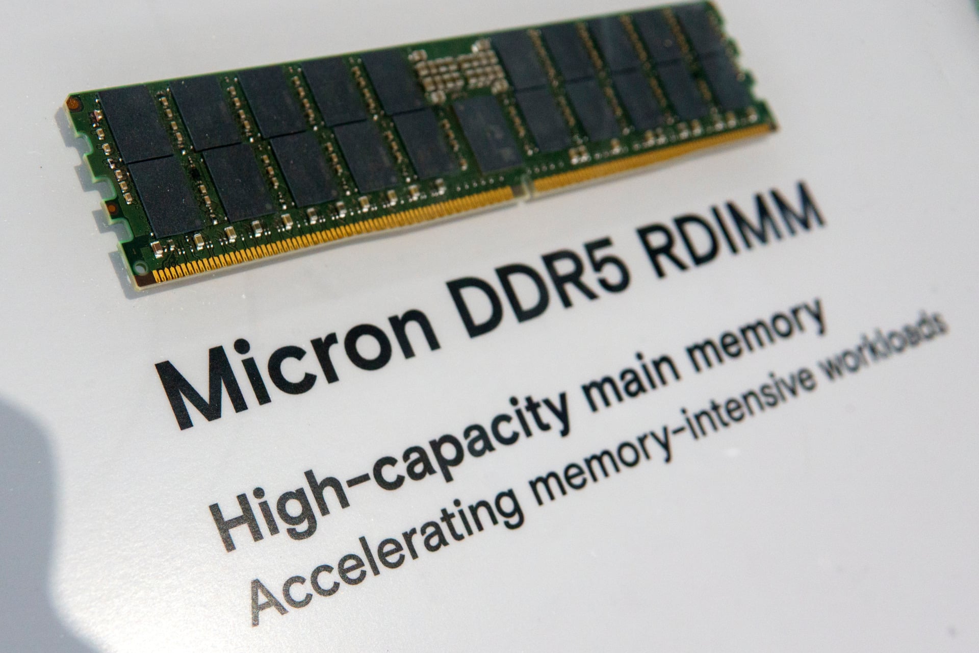 A Micron Technology DDR5 fifth-generation Double Data Rate (DDR) dynamic random-access memory chip is displayed at a booth at The Great American State Fair on the National Mall on July 2, 2026 in Washington, DC.