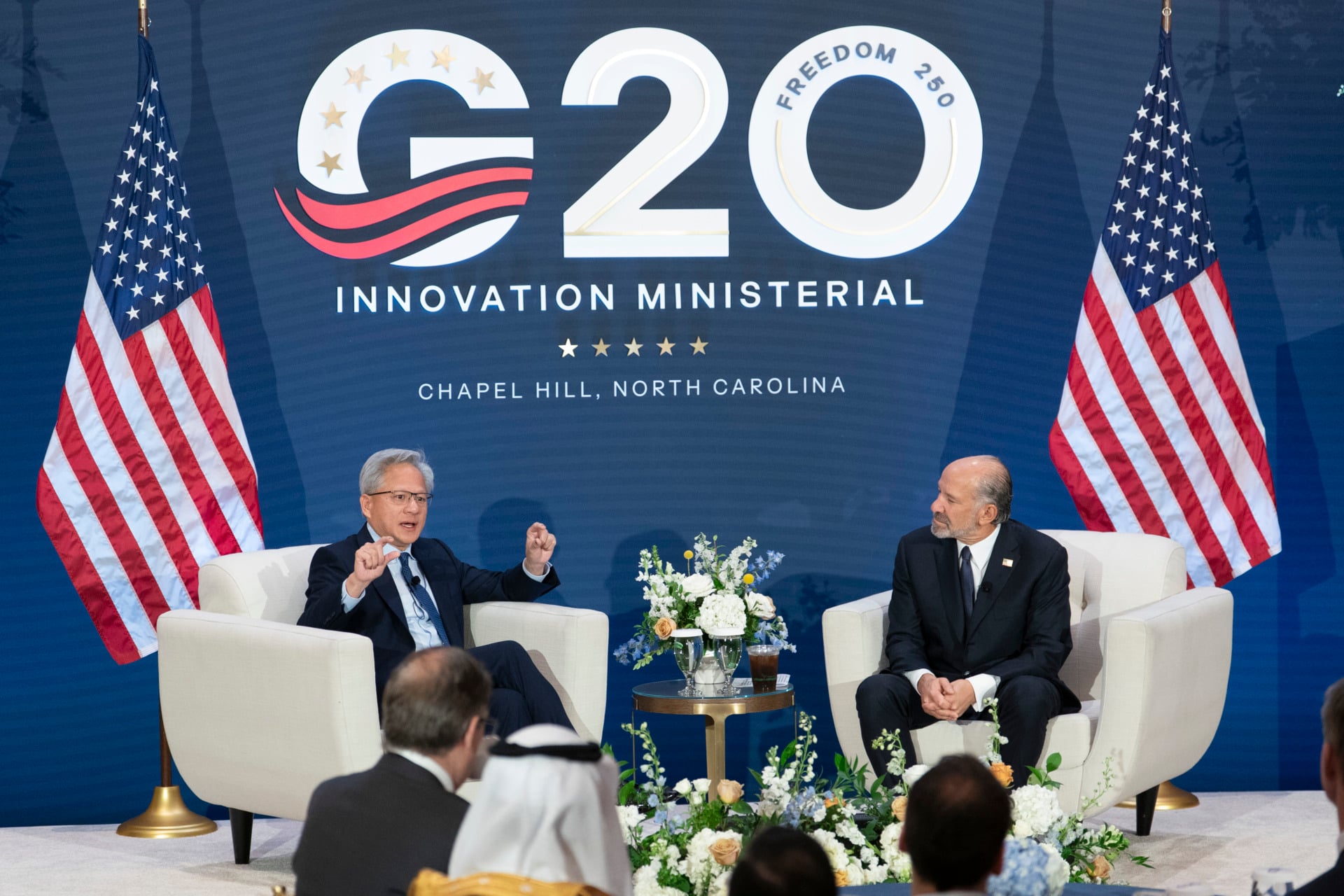Nvidia CEO Jensen Huang in conversation with Commerce Secretary Howard Lutnick at the G20 Innovation Ministerial in North Carolina 