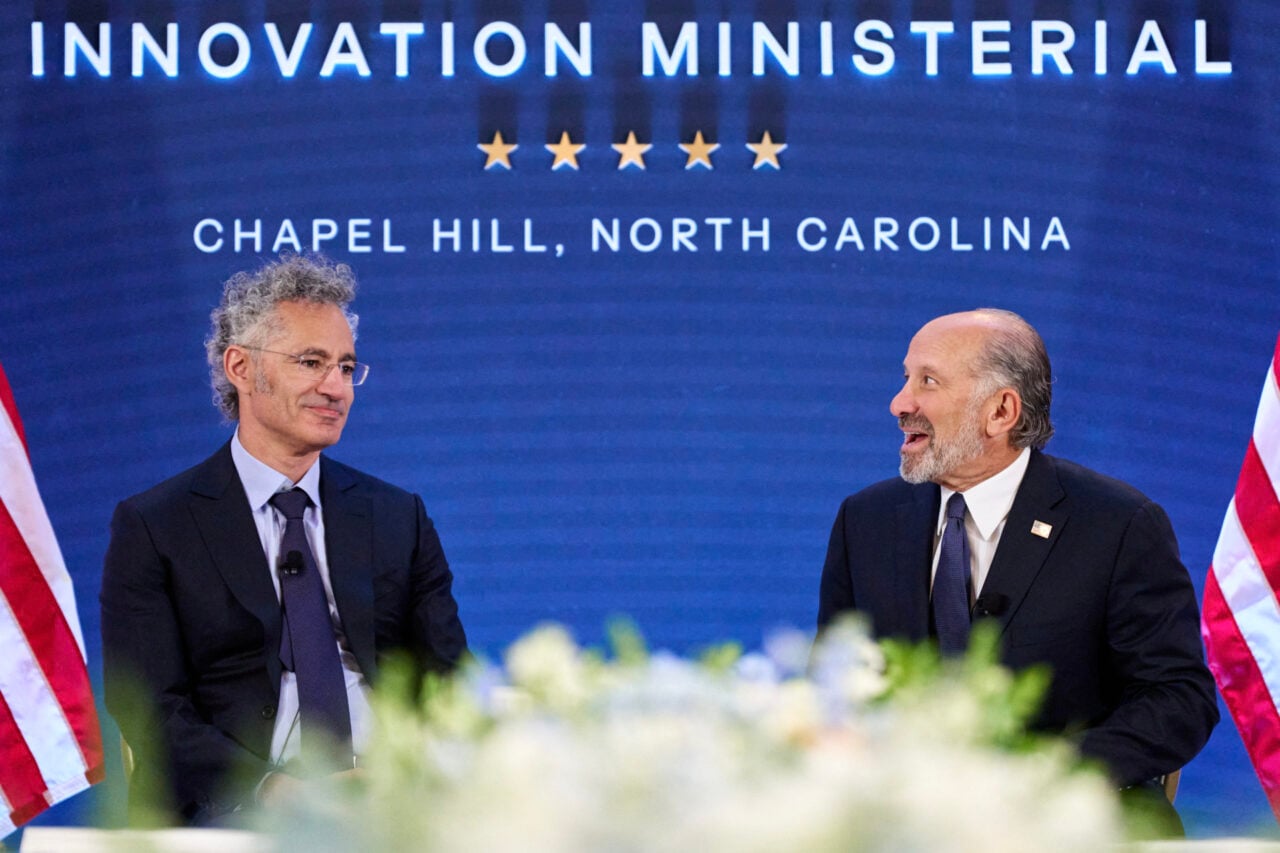 Palantir CEO Alex Karp and US Secretary of Commerce Howard Lutnick speak during the G20 Innovation Ministerial in Chapel Hill, North Carolina, on September 2, 2026.
