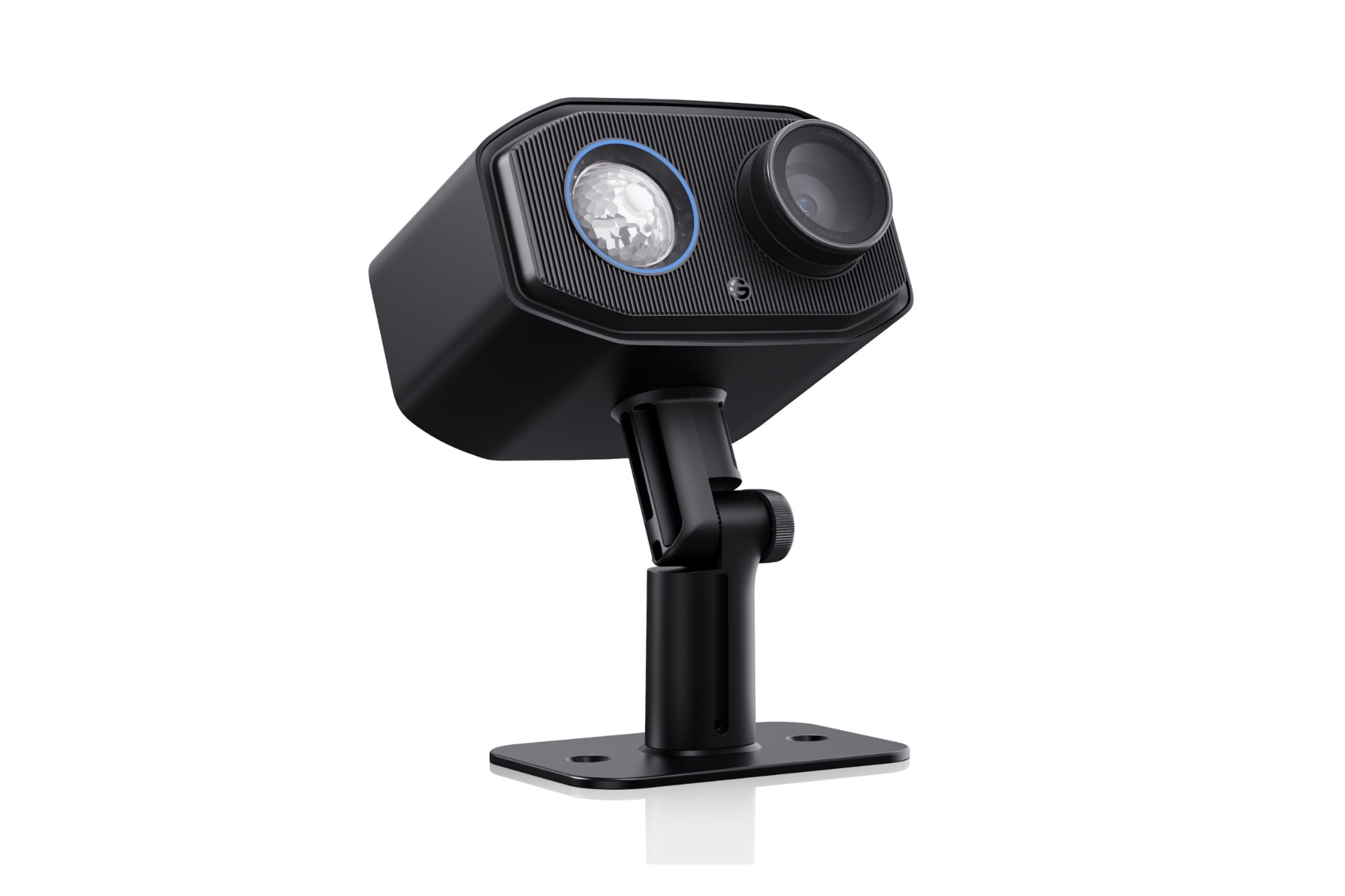 The Govee Holiday Pattern Projector Light. It's black and vaguely rectangular, with an adjuster in its stalk for angling it up and down. Both lenses are visible, with the projector lens and its focus ring jutting out from the front a bit.