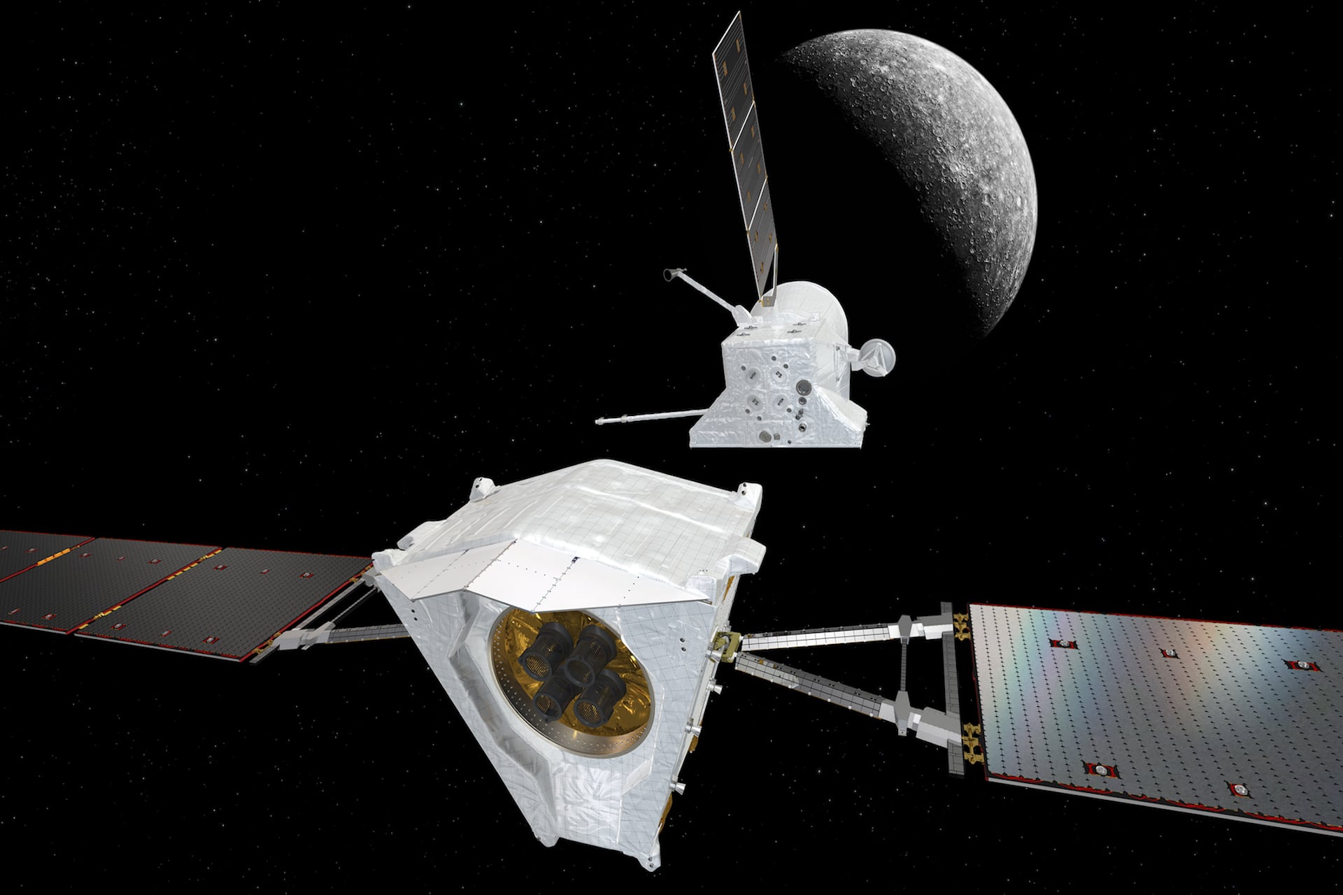 An illustration of the Mercury Transfer Module separating from the BepiColombo Mercury Planetary Orbiter (MPO) and Mercury Magnetospheric Orbiter (MMO) composite spacecraft.