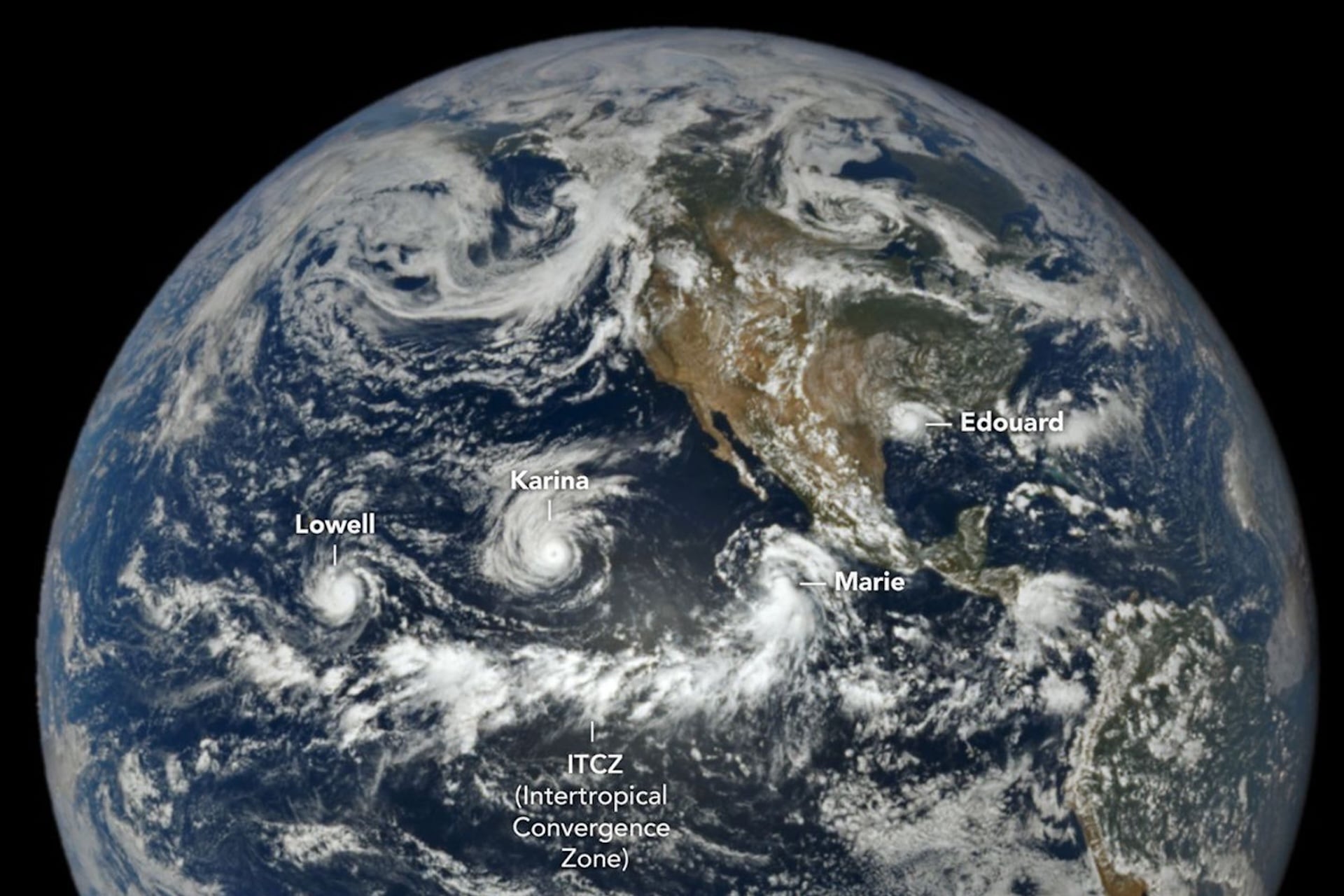 Three powerful storms captured by NASA satellites over the Pacific, Lowell, Karina, and Marie, confirmed a “rare case of category 4 and 5 hurricanes occurring simultaneously,” the U.S. space agency said.