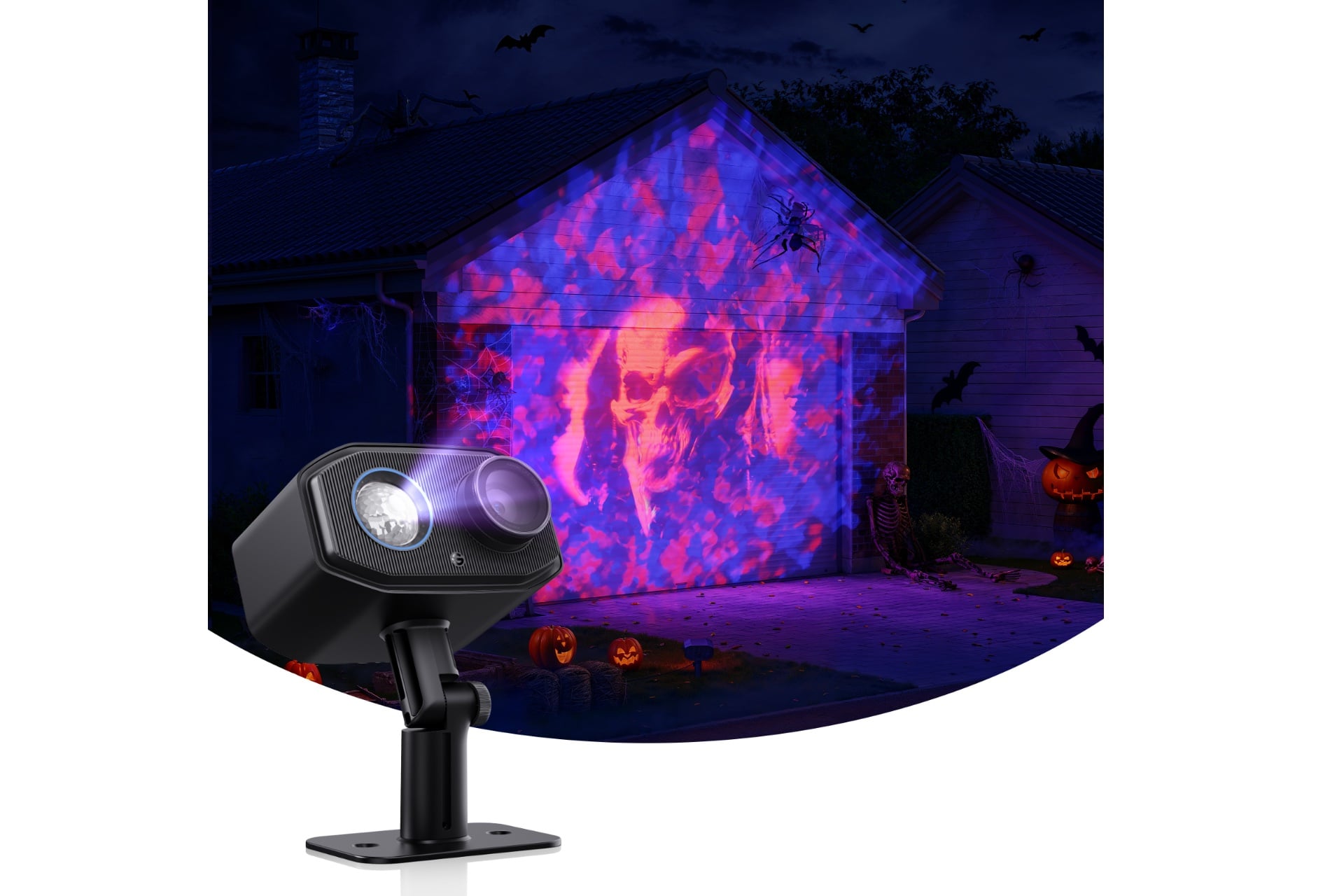 Sample of the pattern projector light showing a skull on a bed of red and blue light being projected onto a wall.