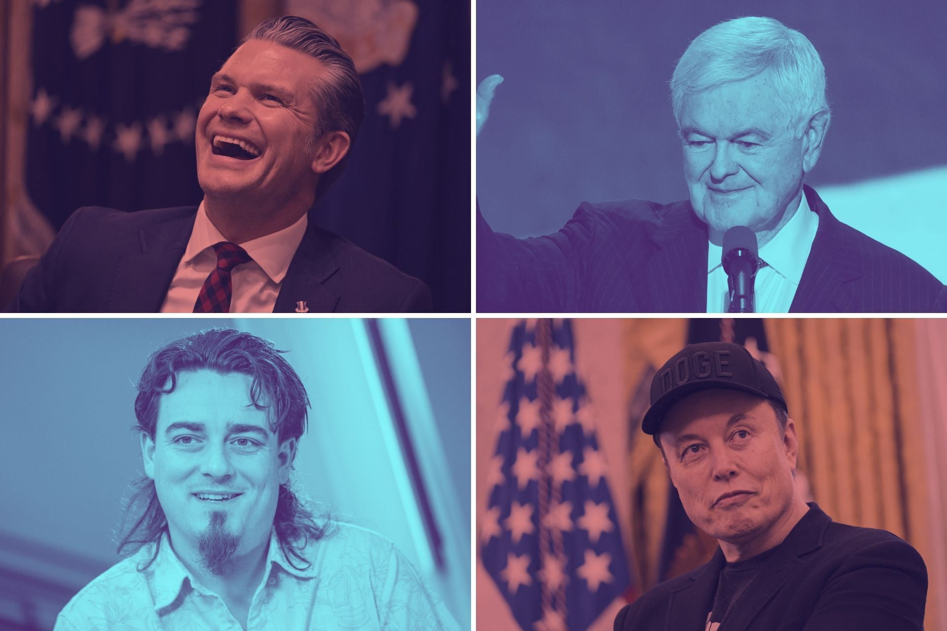 A composite of Pete Hegseth, Newt Gingrich, Palmer Luckey, and Elon Musk.