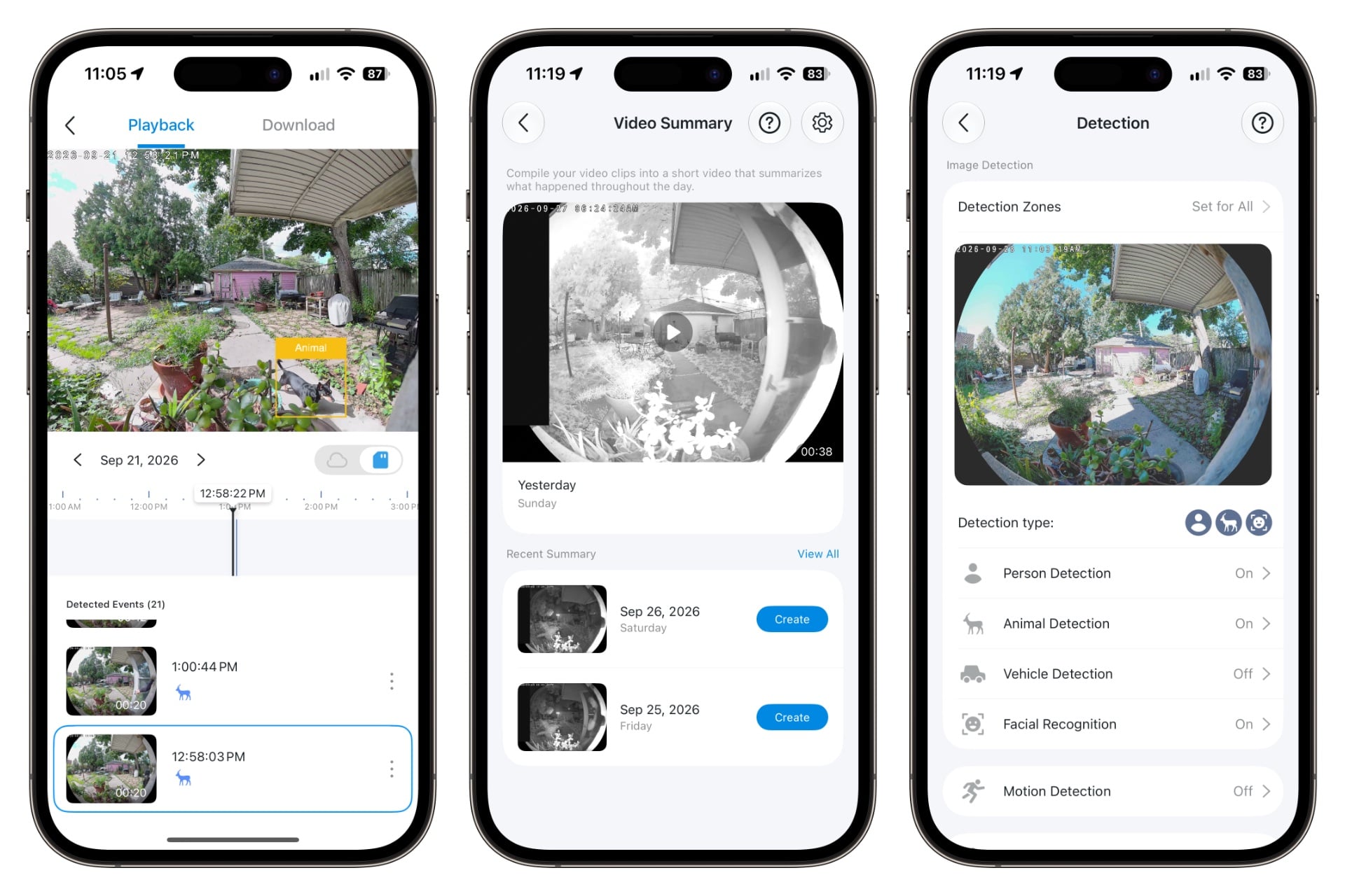 Screenshots from the Tapo app, showing the video timeline, video summary screen, and a settings screen
