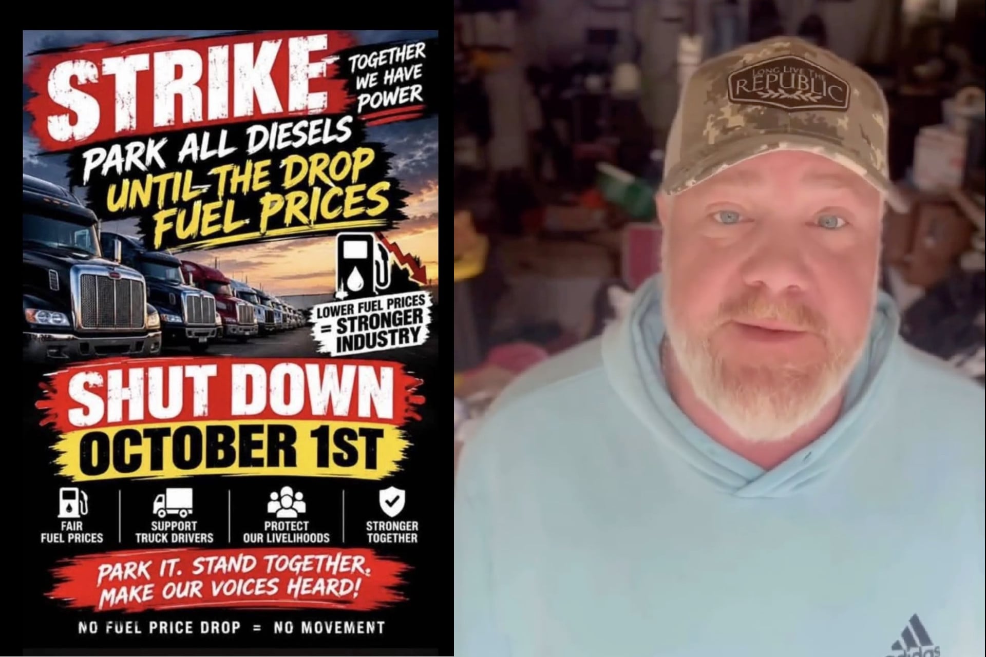 An AI image from Reddit promoting a truckers' strike (left) and a screenshot of a video from Red Pill Patriot 1776 that went viral on Instagram.