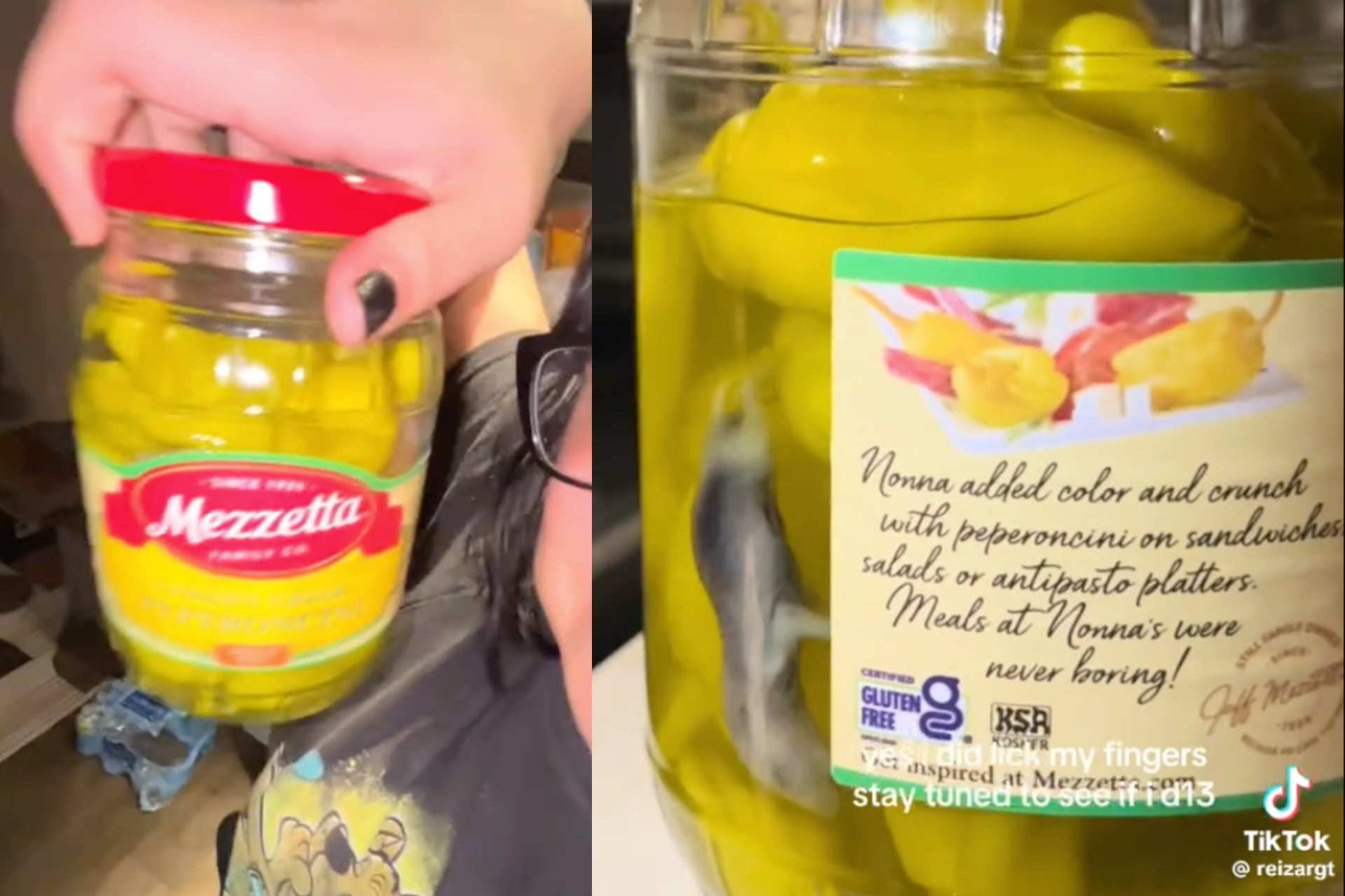 Screenshots from a series of TikTok videos from Sept. 16 appearing to show a dead mouse in a jar of Mezzetta peperoncini peppers. 