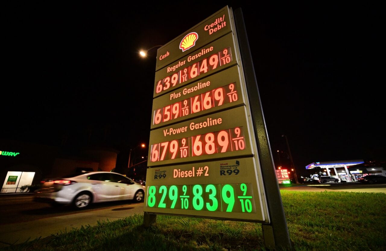 Diesel prices are displayed above $8 per gallon at a gas station in Los Angeles, on September 17, 2026, as prices reach record highs across the United States.