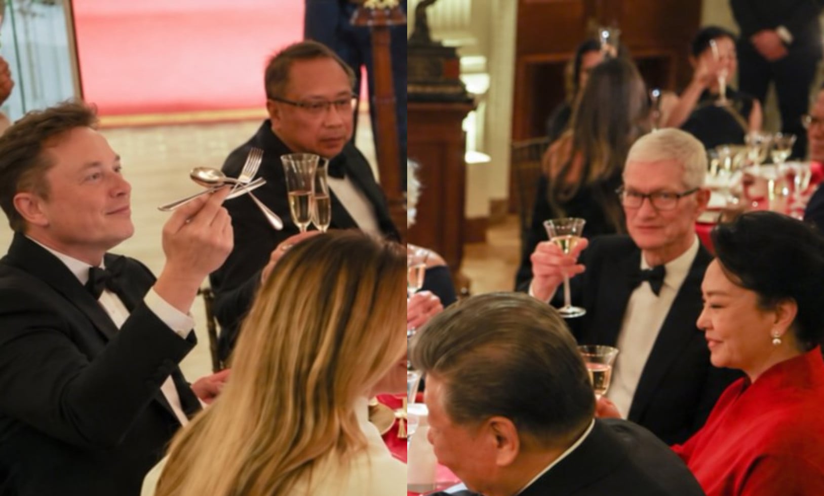 Close-up of an altered image that's gone viral showing Elon Musk balancing utensils on his finger.