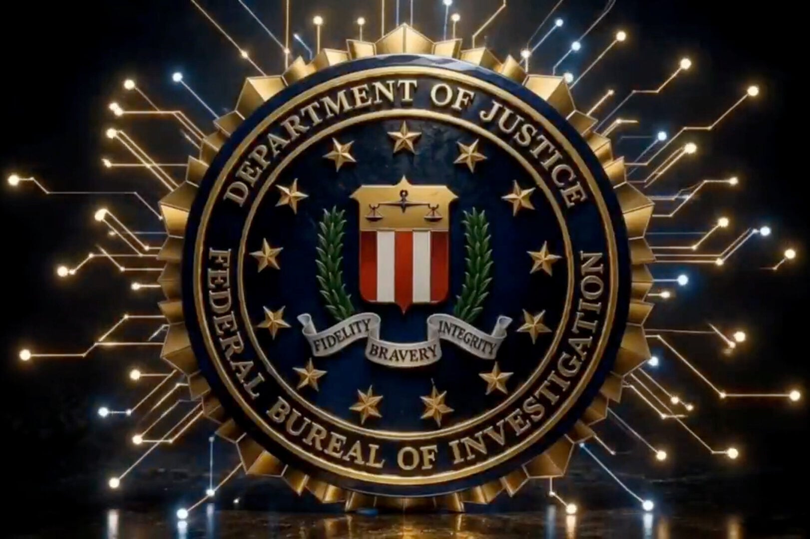Screenshot from an AI video posted by Kash Patel on Sept. 3, 2026 that misspells the FBI as "Federal Bureal of Investigation."