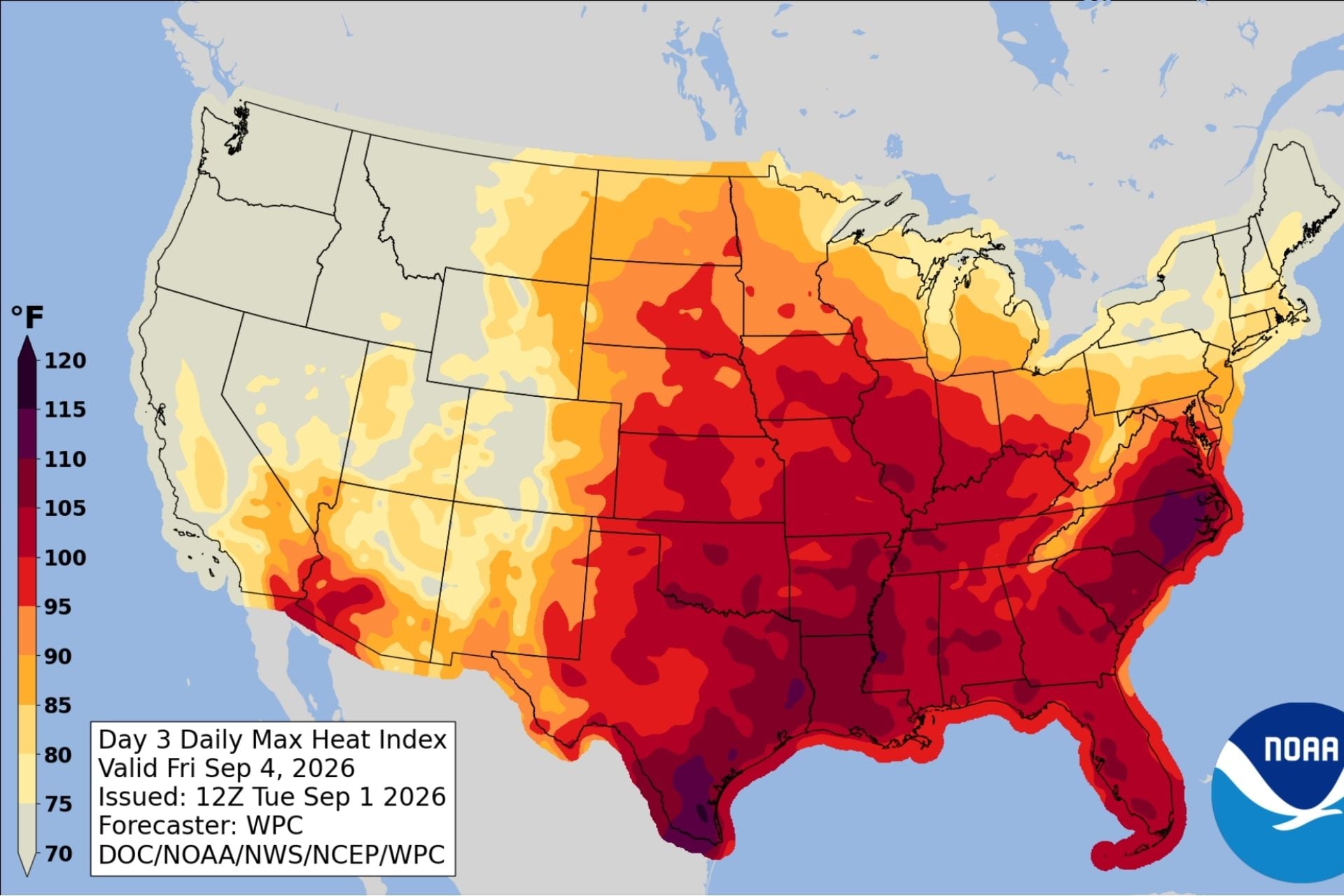 Forecasted maximum heat indexes across the contiguous United States on September 4, 2026.