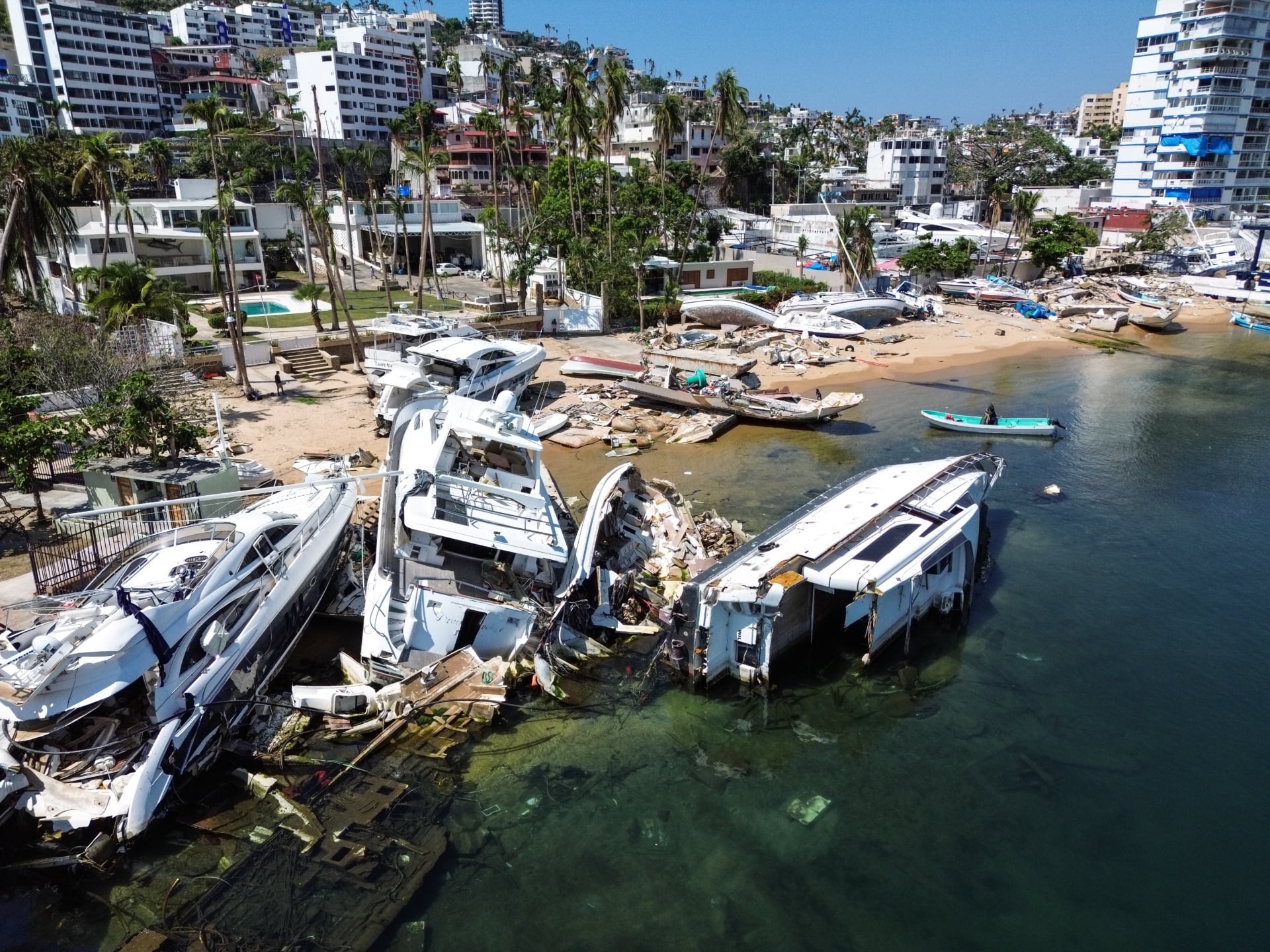 Damaged boats piled up on the coastline of Acapulco, Mexico 
