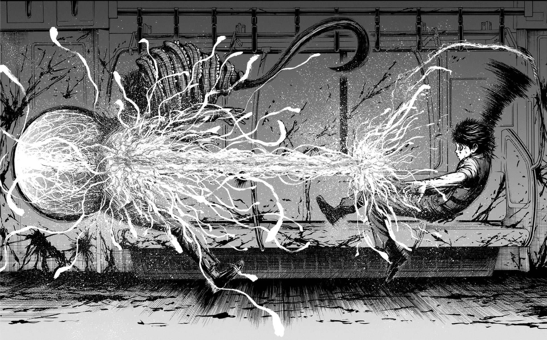 Jagaaan doublespread manga panel of Jagasaki blowing up an alien.