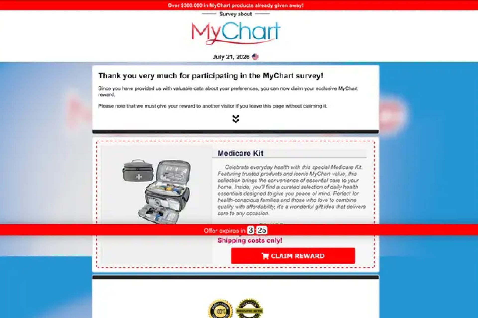 Screenshot showing one of the MyChart scams perpetrated by people trying to steal money from unsuspecting victims.