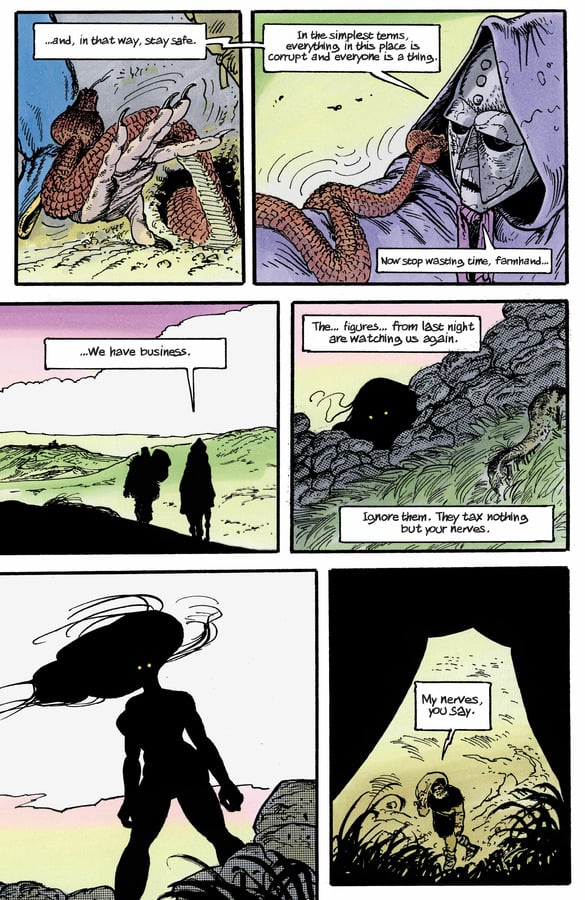 Regicide comic page of a dark figure stalking Mihas and Doru.