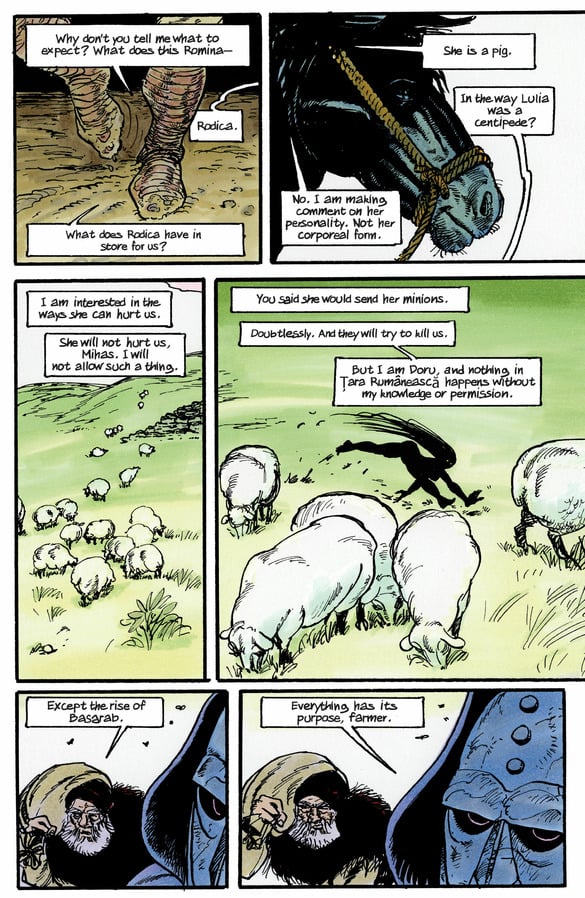 Regicide comic page of a dark figure stalking Mihas and Doru.