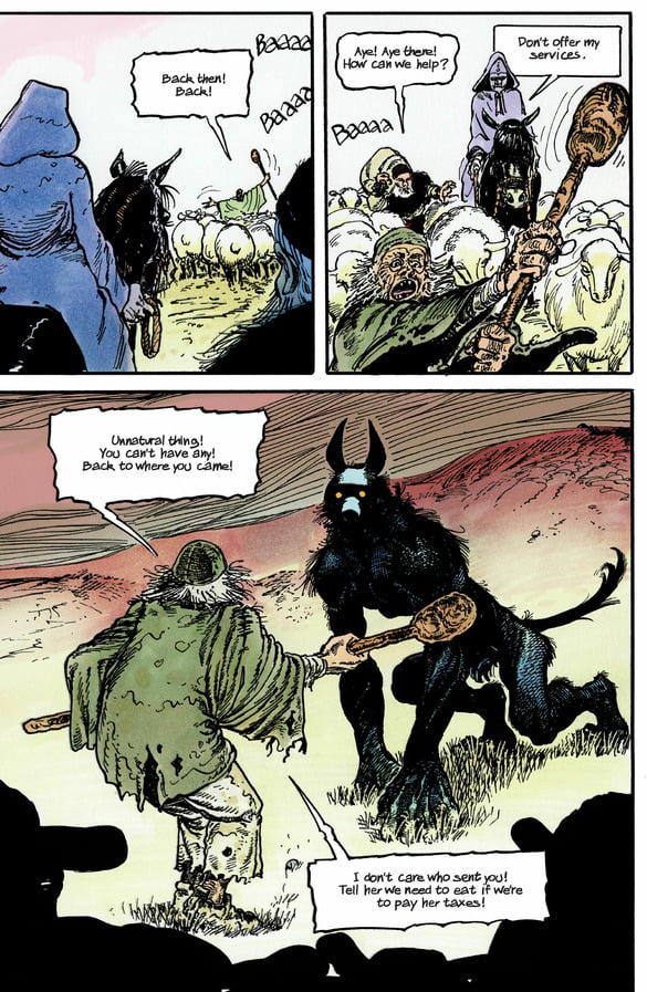 Regicide comic page of a dark figure stalking Mihas and Doru.