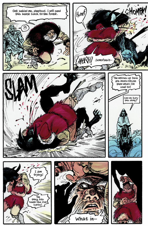 Regicide comic page of a dark figure stalking Mihas and Doru.