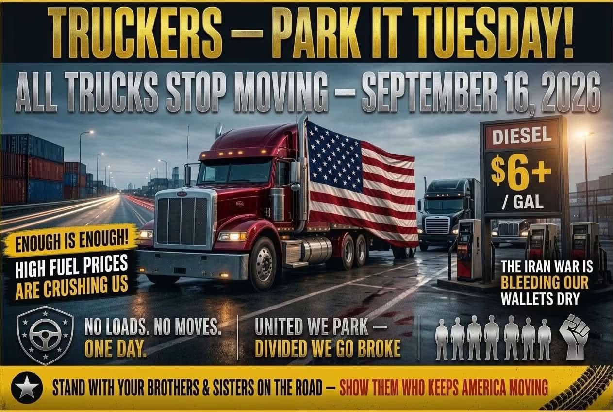 An AI-generated image from a Facebook post supporting: "A trucker-organized protest is being discussed for Tuesday, September 16, focused on the rising cost of diesel fuel and its impact on trucking businesses and drivers."