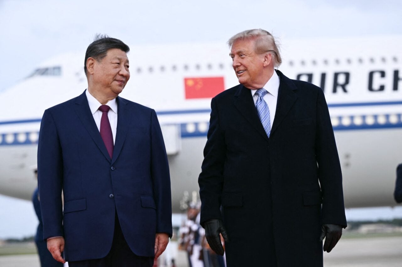 US President Donald Trump greets Chinese President Xi Jinping upon arrival at Joint Base Andrews in Maryland on September 23, 2026.