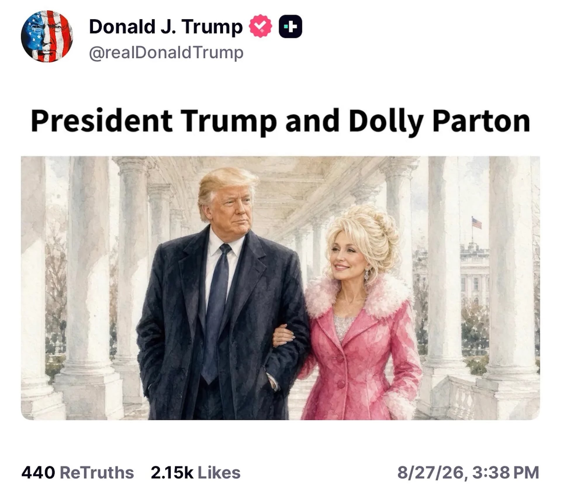 An AI image posted by President Donald Trump's Truth Social account on Aug. 27, 2026 showing himself with Dolly Parton. © Donald Trump / Truth Social