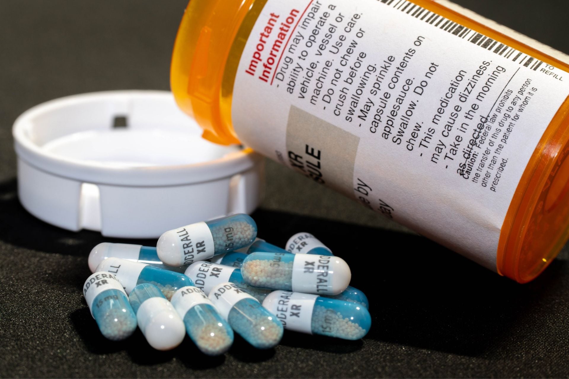 A close-up of a bottle of Adderall, a common treatment for ADHD.