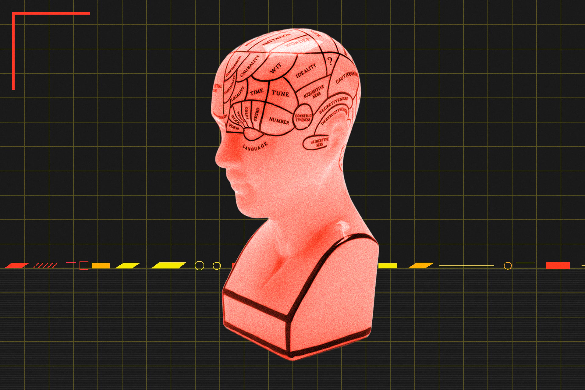 Image of a bust used for phrenology against cyber grid background.