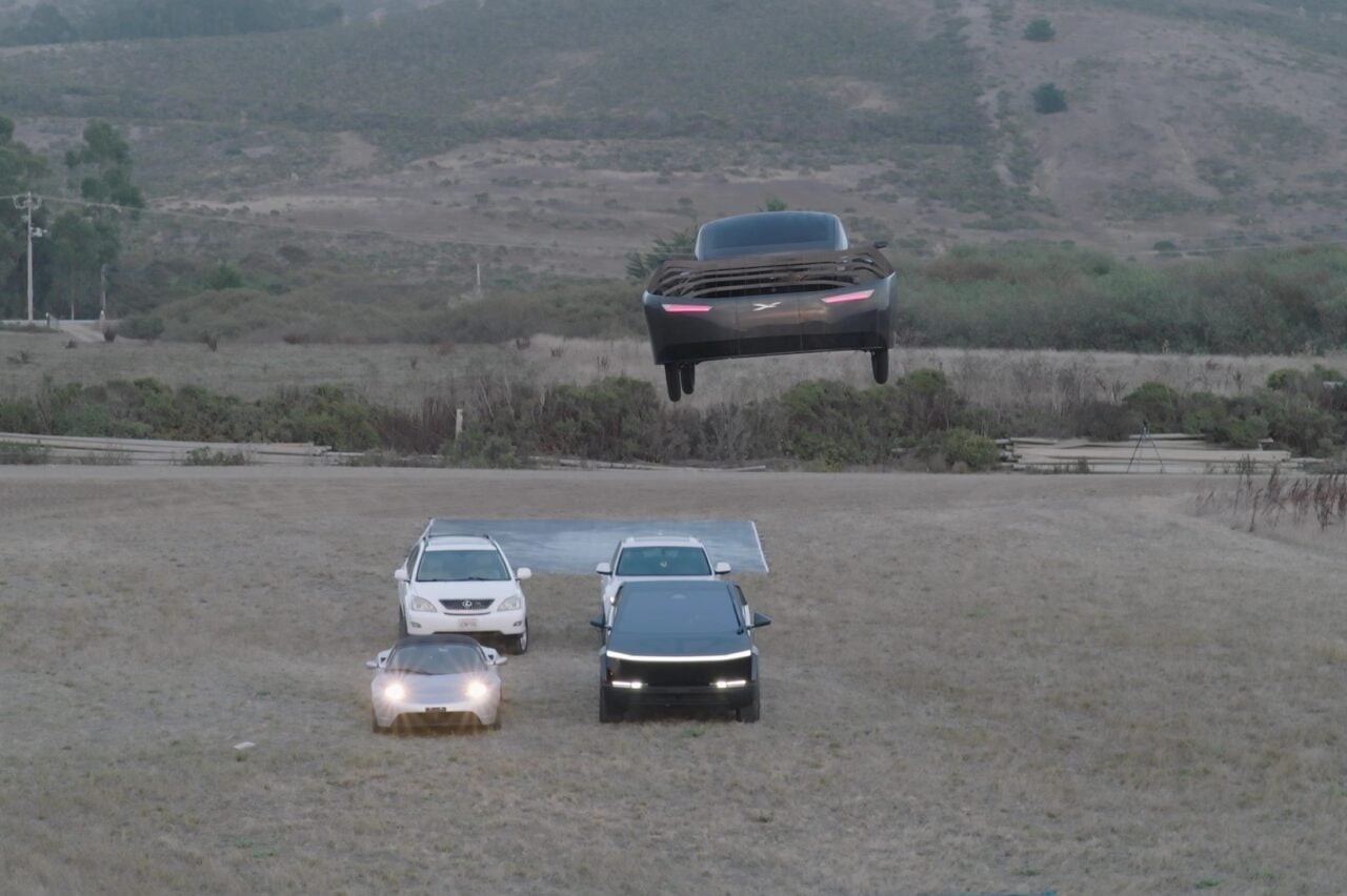 Alef car flying Over Multiple Cars Including Tesla Roadster Cybertruck