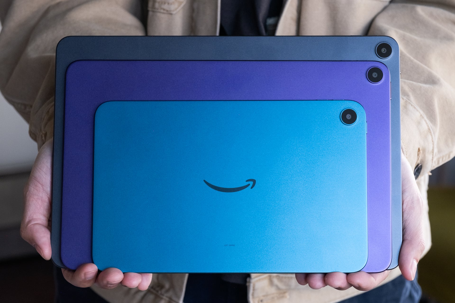 The Amazon Alexa Tablet 8 on top of the Alexa Tablet 11 on top of the Alexa Tablet 12 Pro.