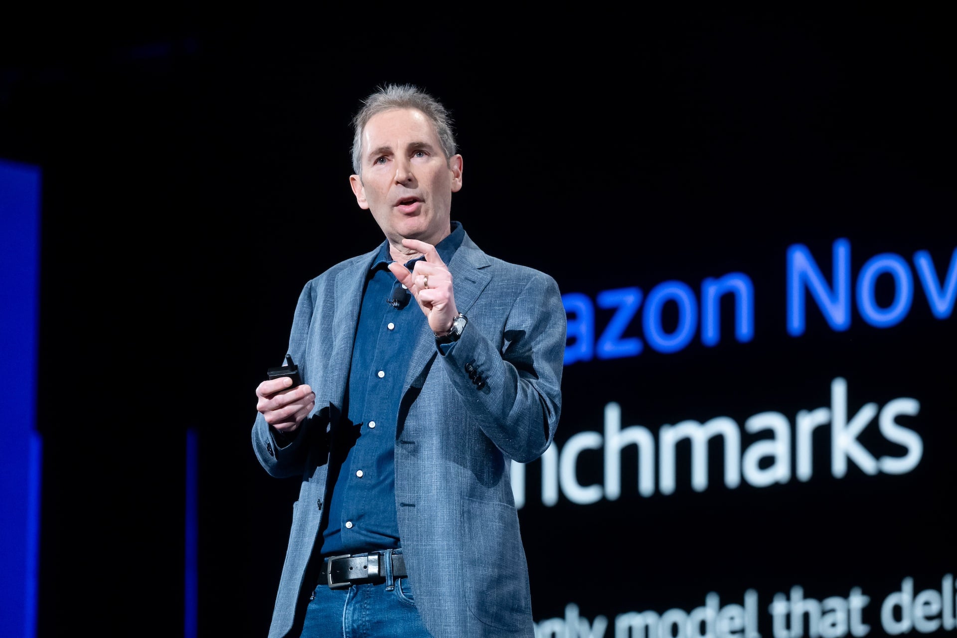 Amazon CEO Andy Jassy photographed during a keynote address at the 2024 AWS re:Invent conference.