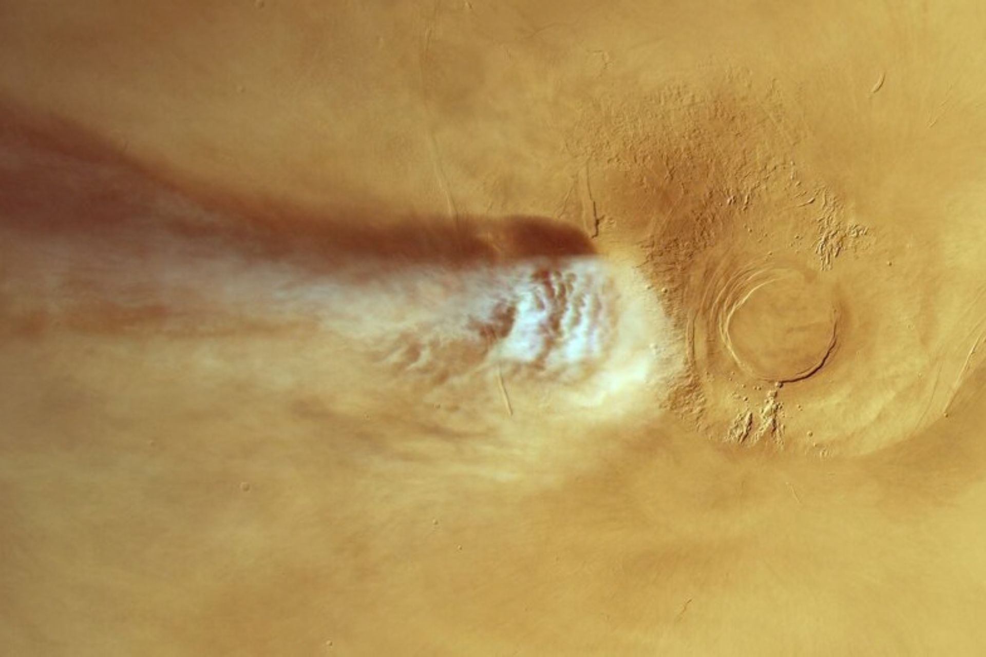 Mars's Arsia Mons Elongated Cloud (AMEC) imaged by the European Space Agency's Mars Express orbiter.