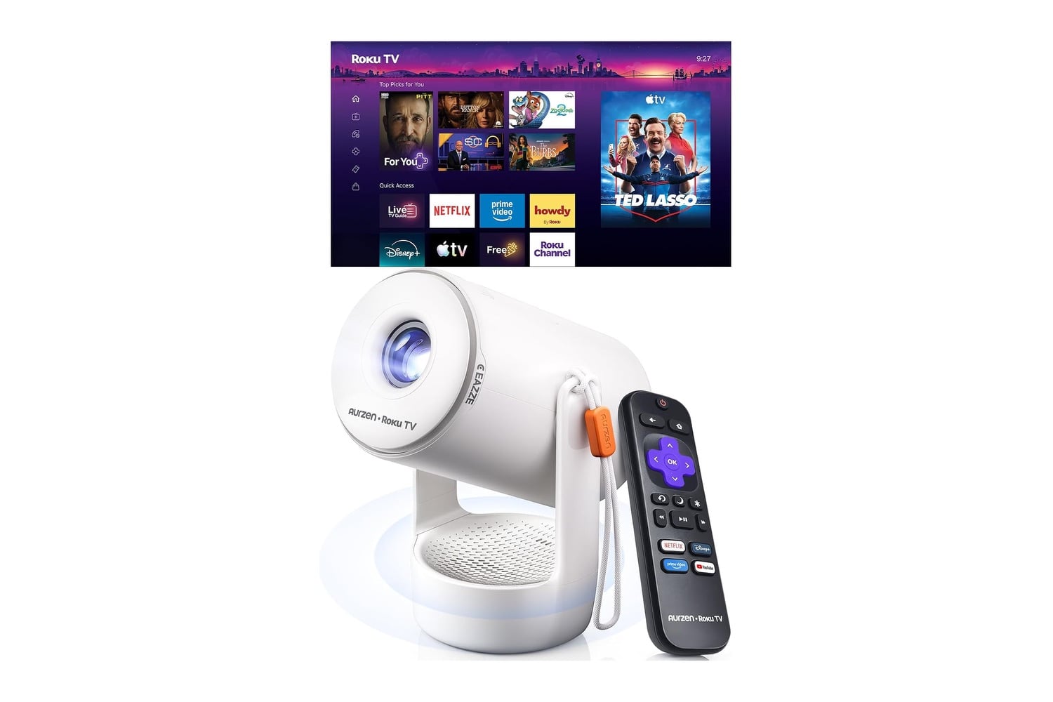 Aurzen Roku Tv E1r Smart Portable Mini Projector With Wifi And Bluetooth