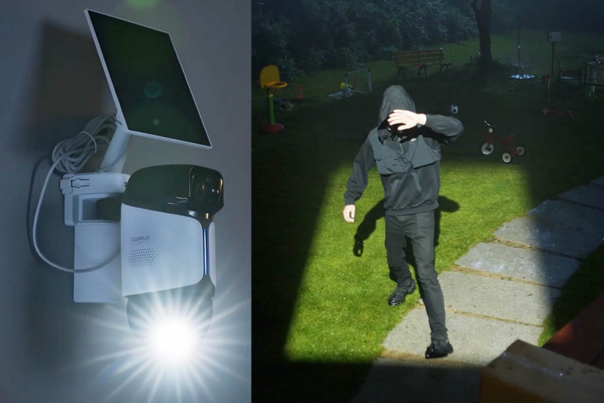 Split screen image showing a person caught in the spotlight of the U2 Pro.