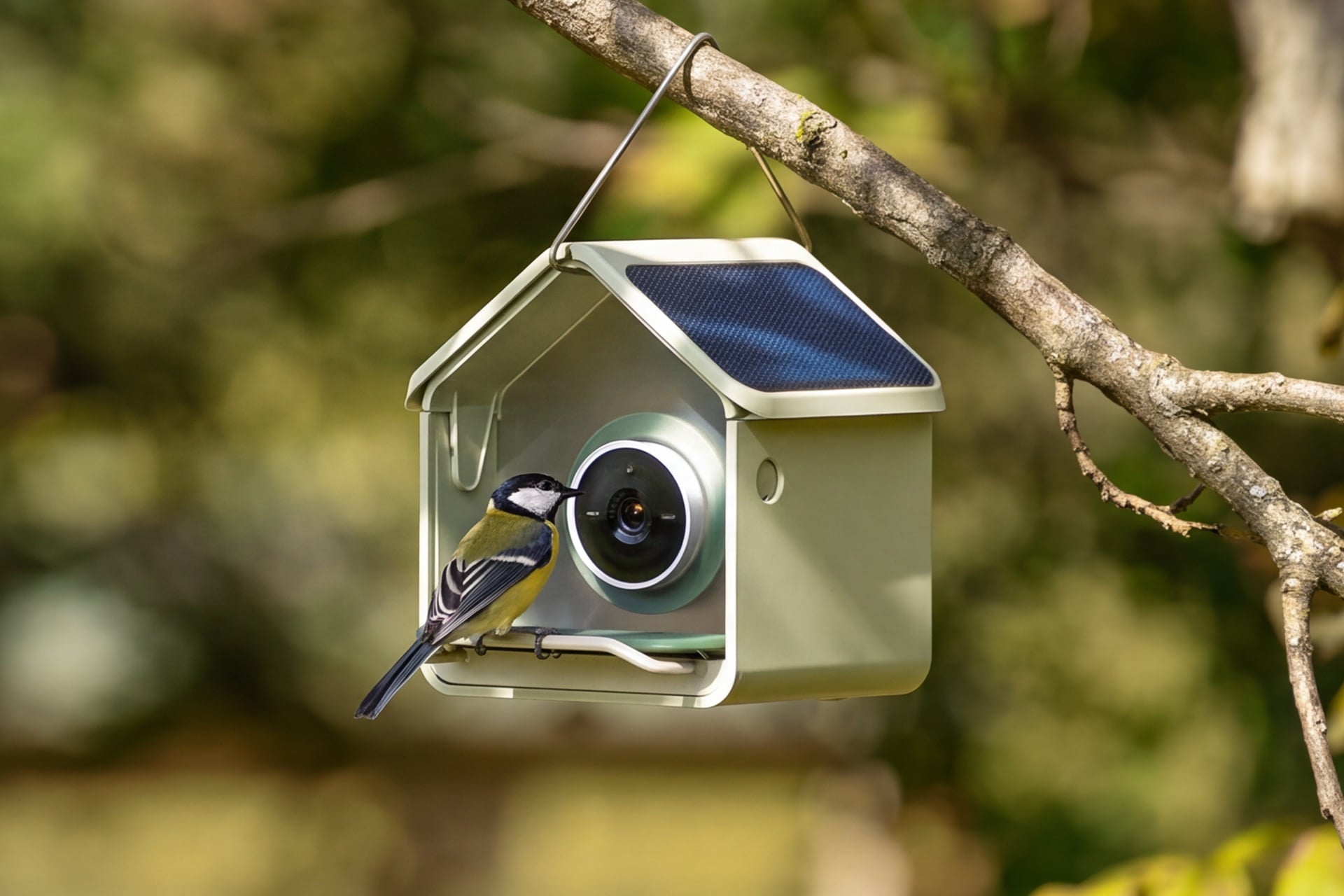 Closeup of the Birdbuddy Nook with solar, with a bird perched on it.