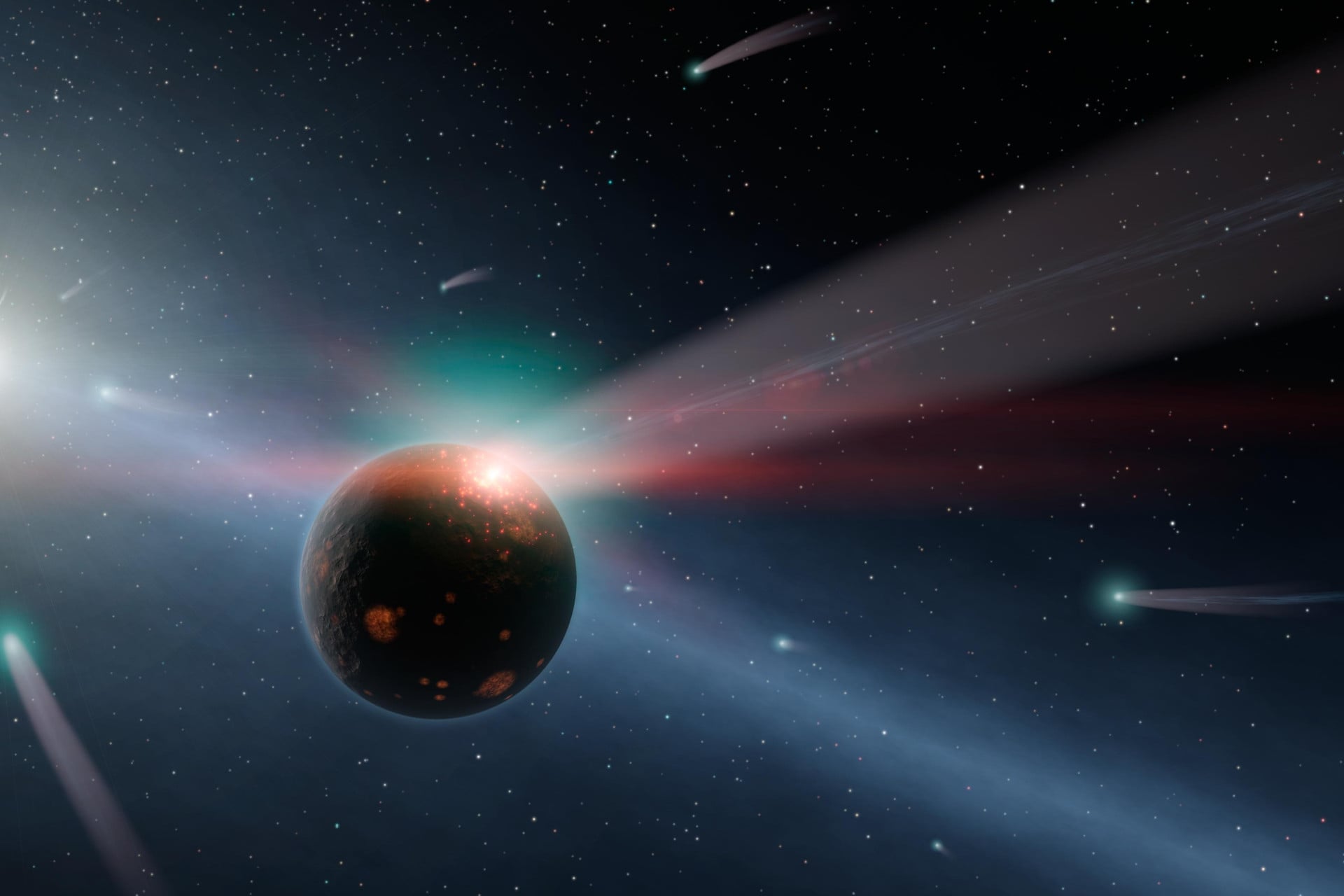 An artist's representation of a storm of comets traveling around a star.