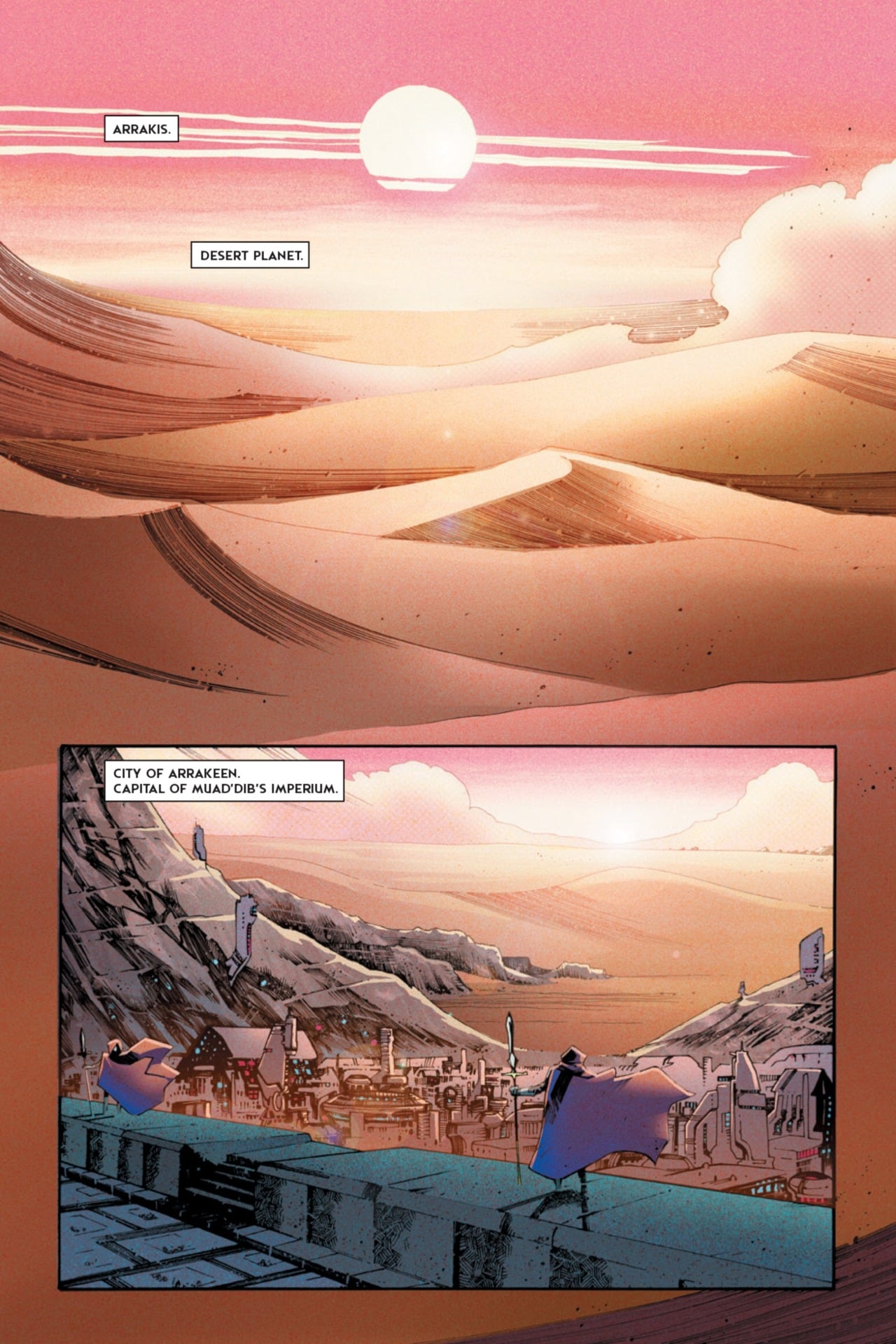 Dune Messiah graphic novel page of a desert city.