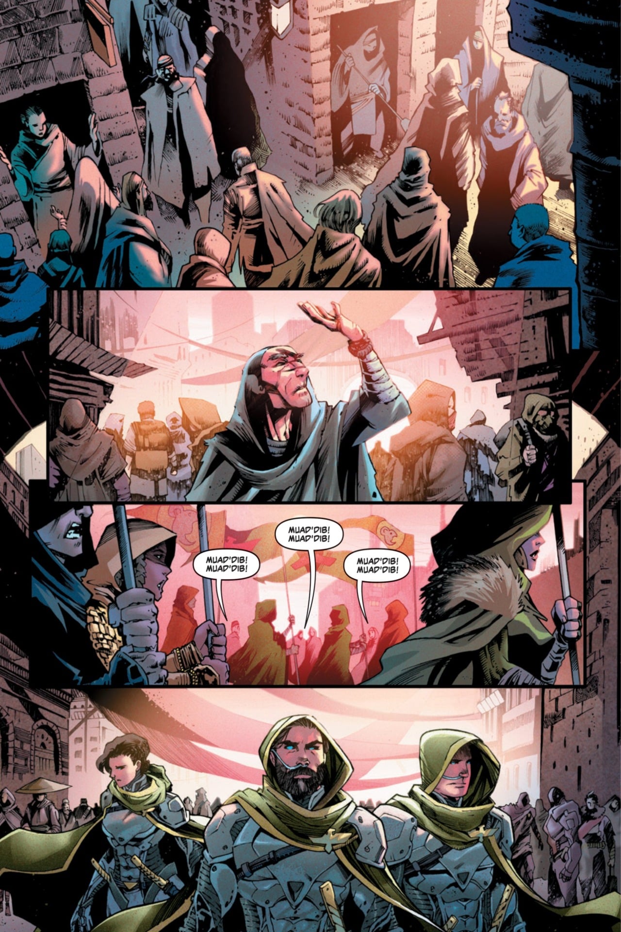 Dune Messiah graphic novel page of Paul entering a town with his envoy.