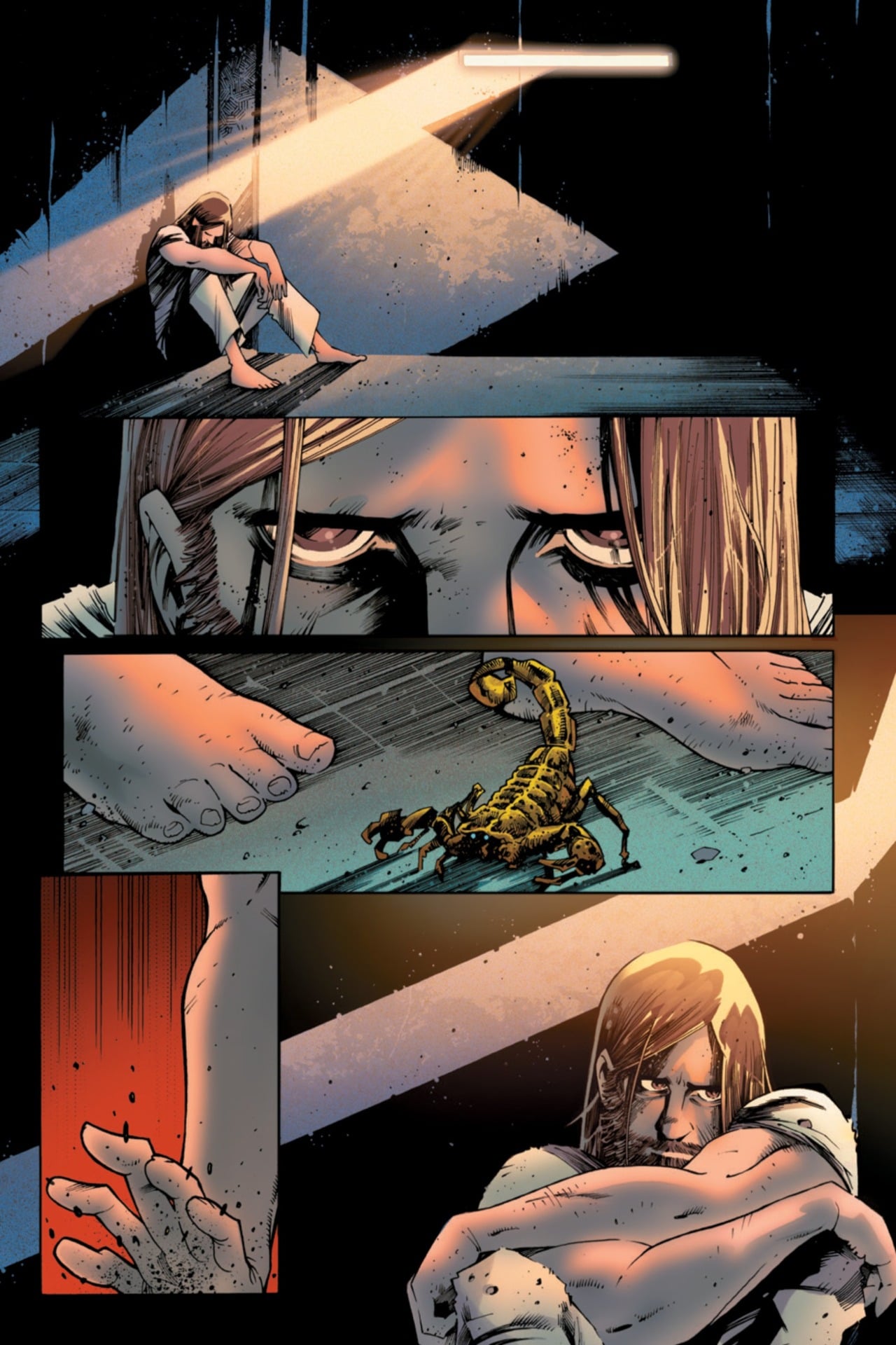Dune Messiah graphic novel page of a prisoner in his cell with a scorpion.