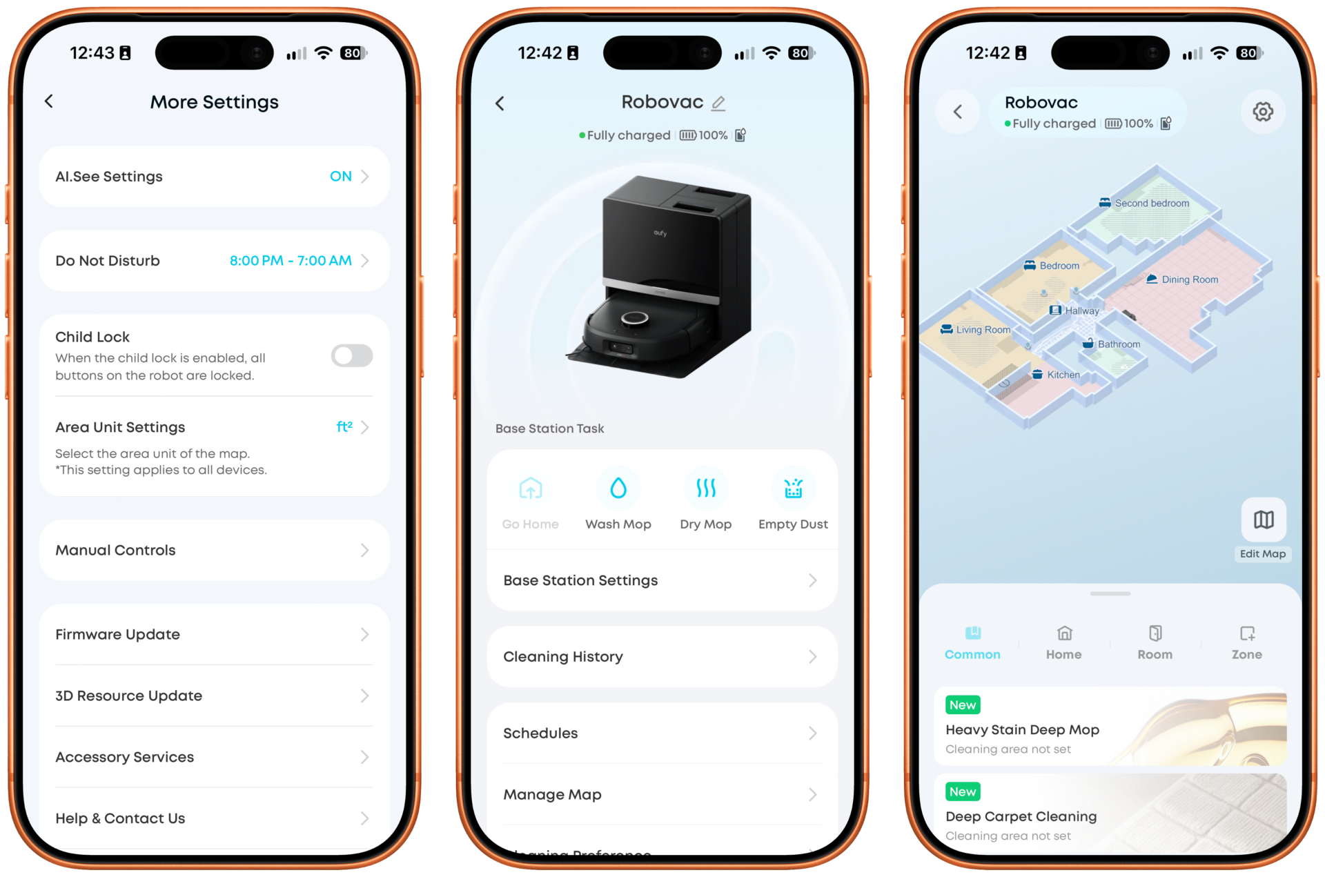 Three screenshots of the Anker Eufy app, showing the Eufy Omni E35's cleaning settings, main settings, and home screen.