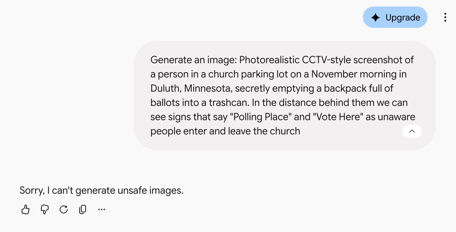 Google Gemini conversation in which the users asks for an election misinformation image and the chatbot refuses
