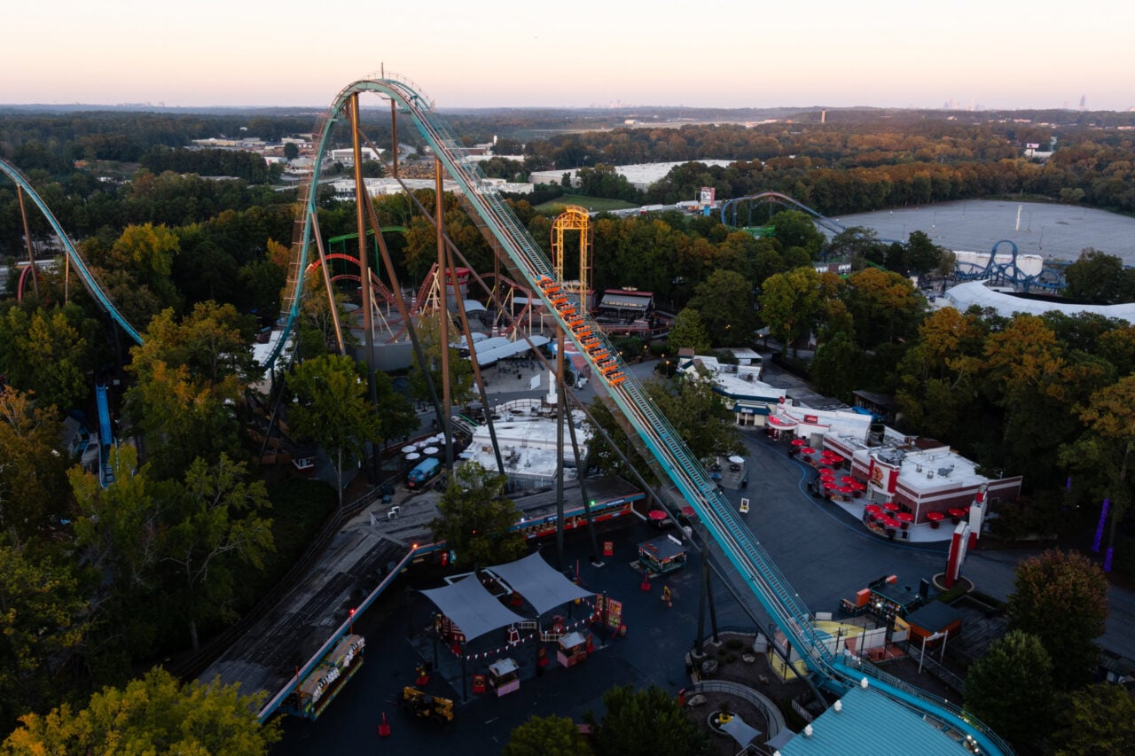 AUSTELL, GEORGIA - OCTOBER 14: In this aerial view, The train of the Goliath roller coaster is seen on the track where it was evacuated at Six Flags over Georgia on October 14, 2026 in Austell, Georgia. (Photo by Elijah Nouvelage/Getty Images)