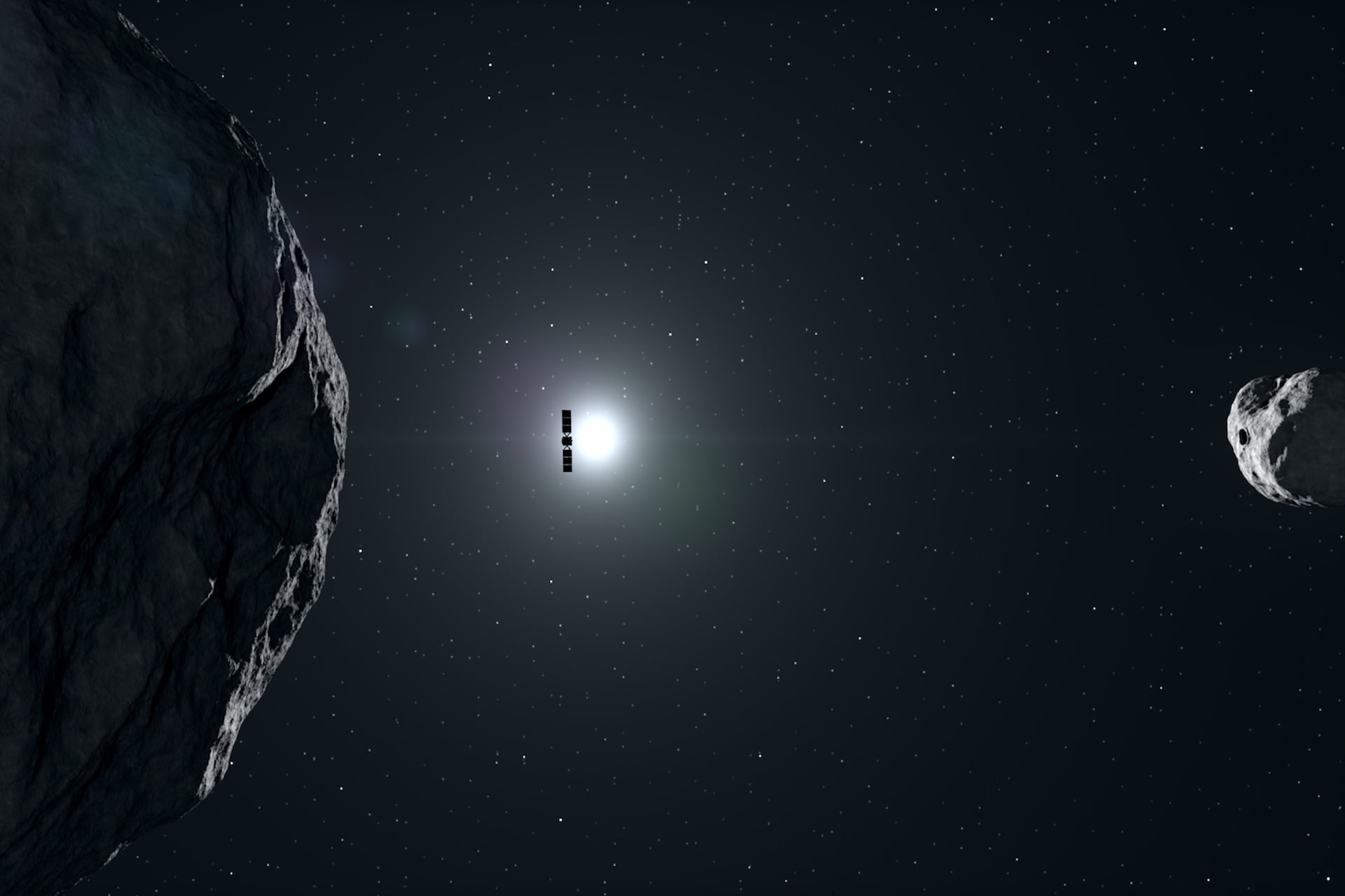 An illustration of the Hera spacecraft arriving at its asteroid target.