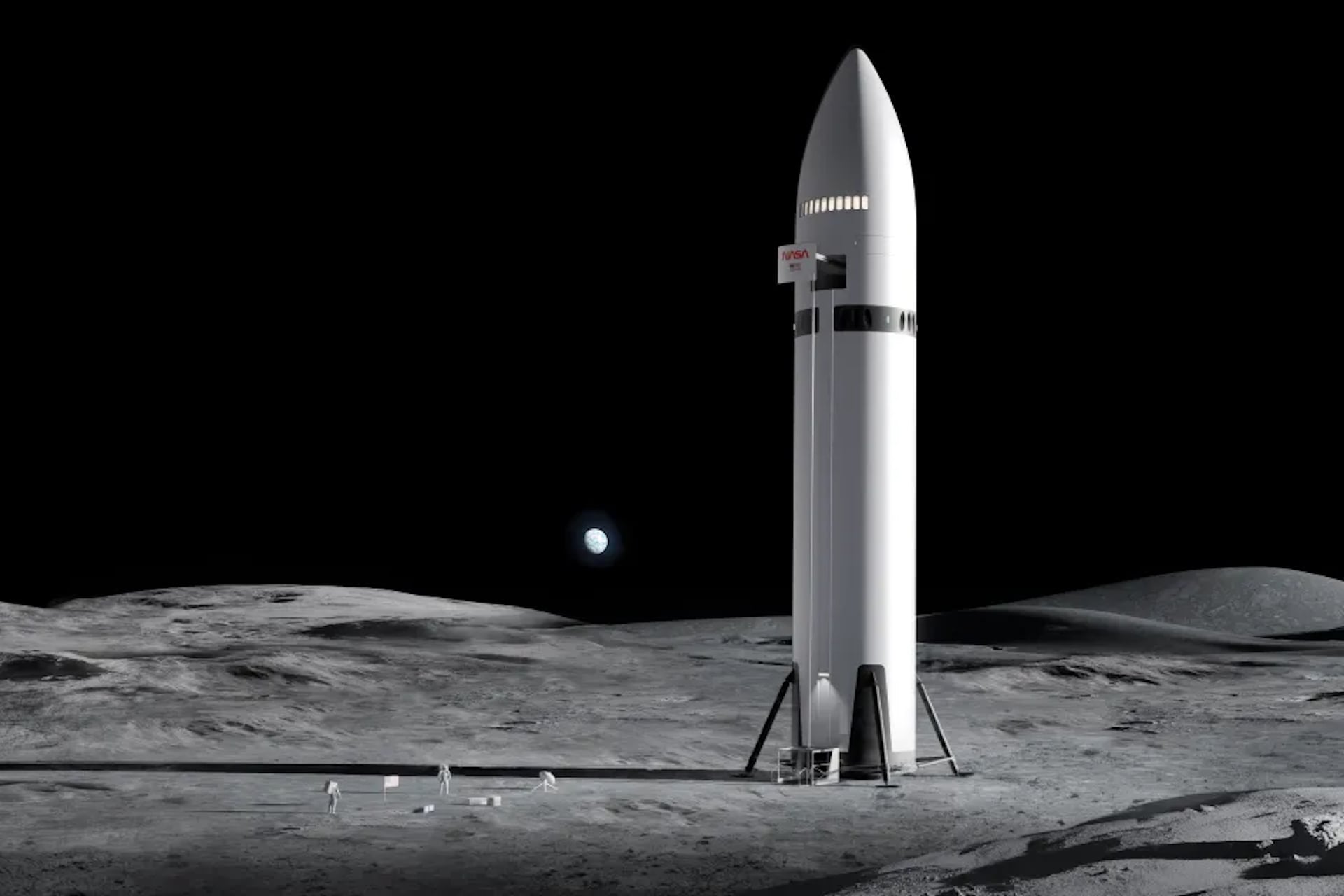SpaceX’s artist’s conception of its Starship Human Landing System (HLS) landing Artemis 4 astronauts on the surface of the Moon in 2028.