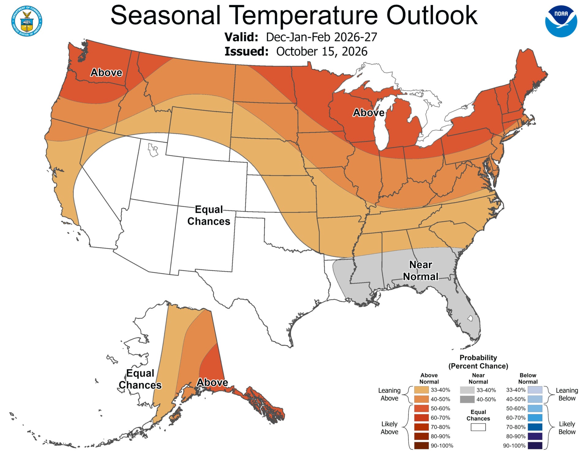 A map of expected temperature patterns across the United States 