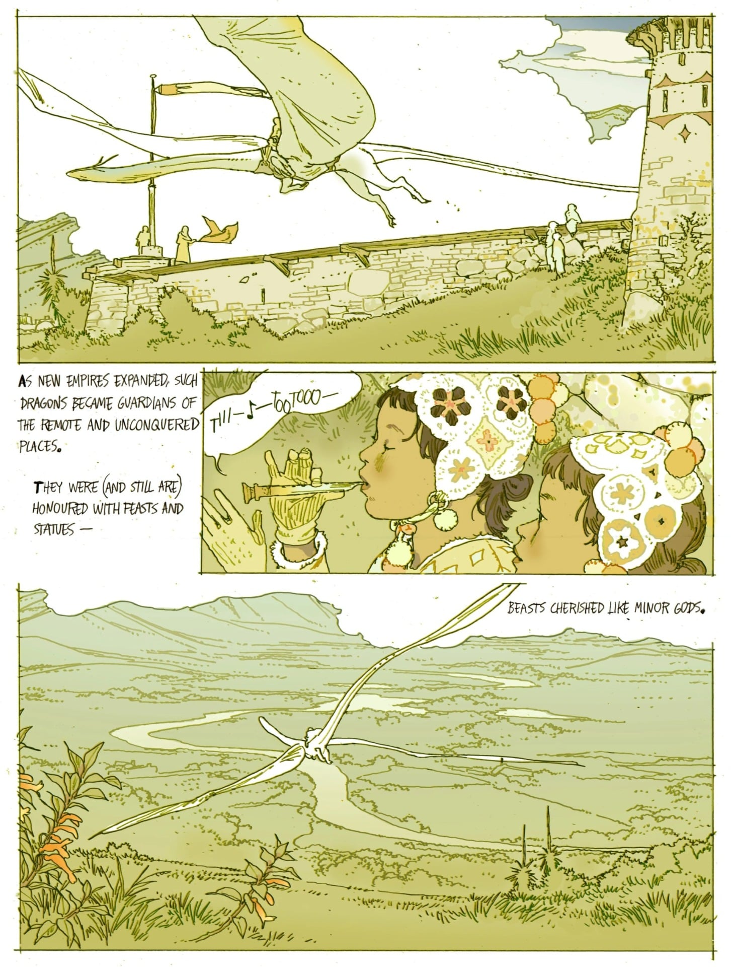 A Garden Of Spheres page of women playing instruments as a dragon flies over head.