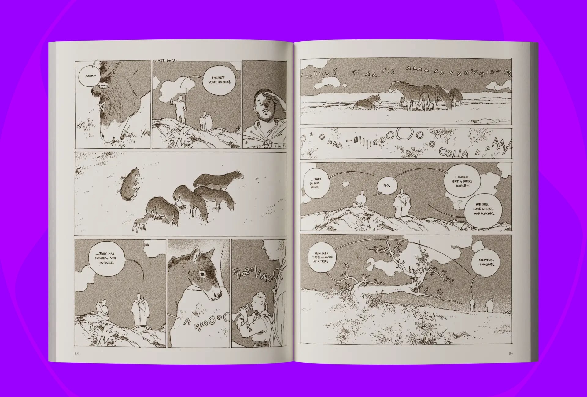 A Garden Of Spheres pages of a farmer and a herd of ponies.
