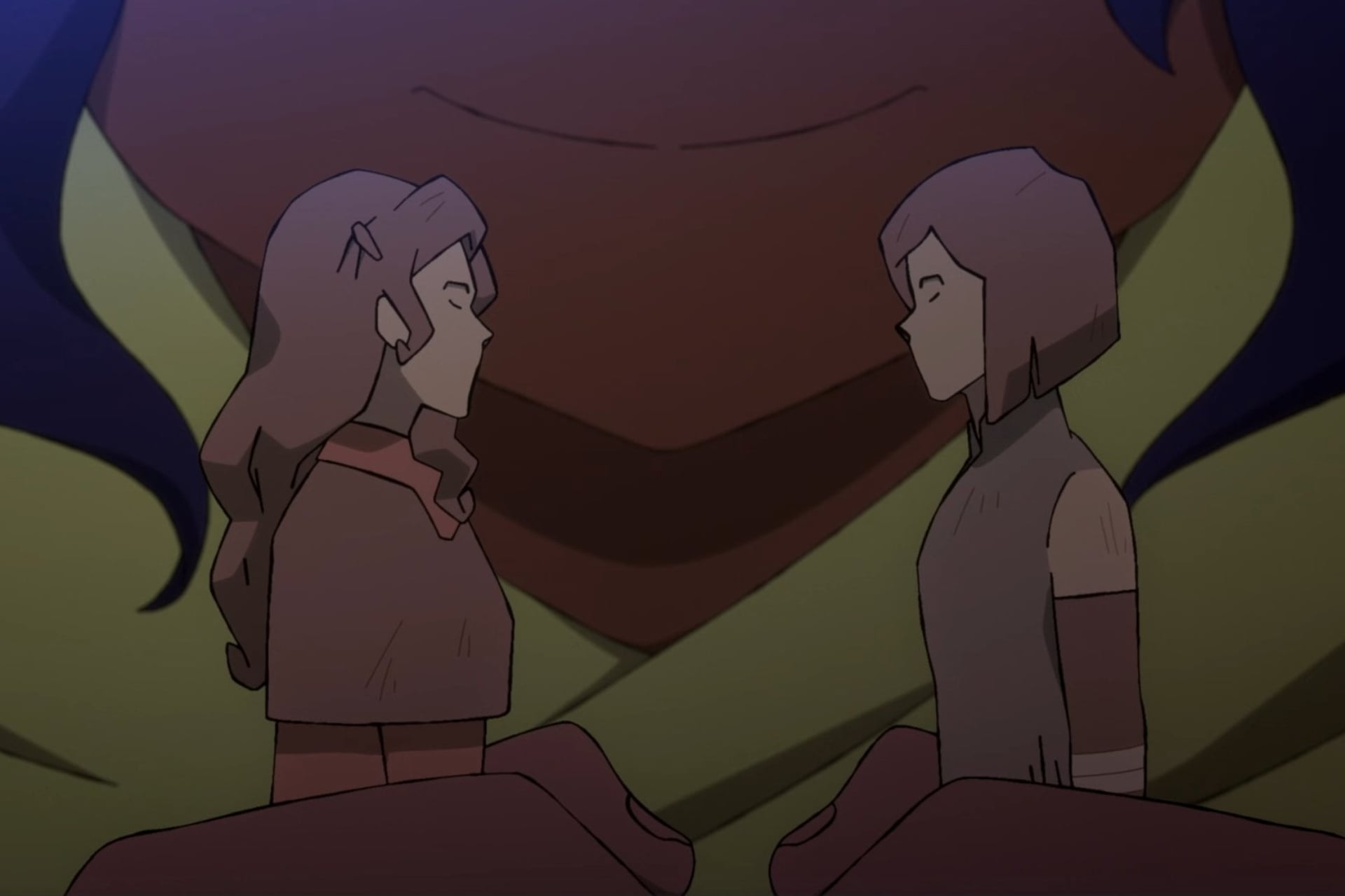 Avatar: Seven Havens still of Pavi holding action figures of Korra and Asami.
