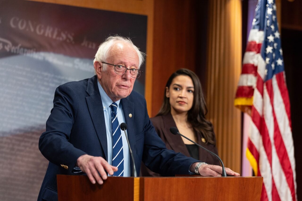 U.S. Sen Bernie Sanders (I-VT) and Rep. Alexandria Ocasio-Cortez (D-NY) hold a press conference to announce the Artificial Intelligence Data Center Moratorium Act at the US Capitol on March 25, 2026 in Washington, DC.